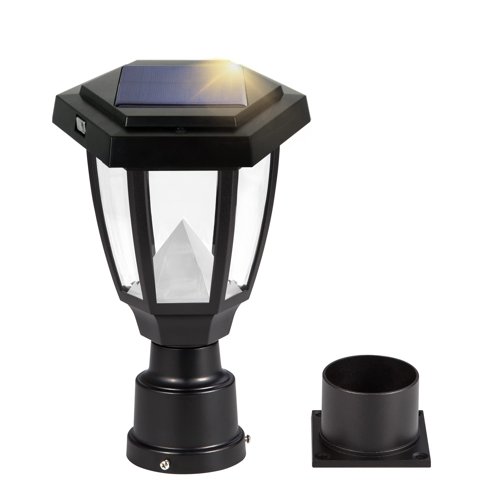 FUDESY LED Outdoor Solar Post Light, Waterproof Plastic, 3000K Warm White, Black, Model 24590d5a-2cb5-495c-aeae-6
