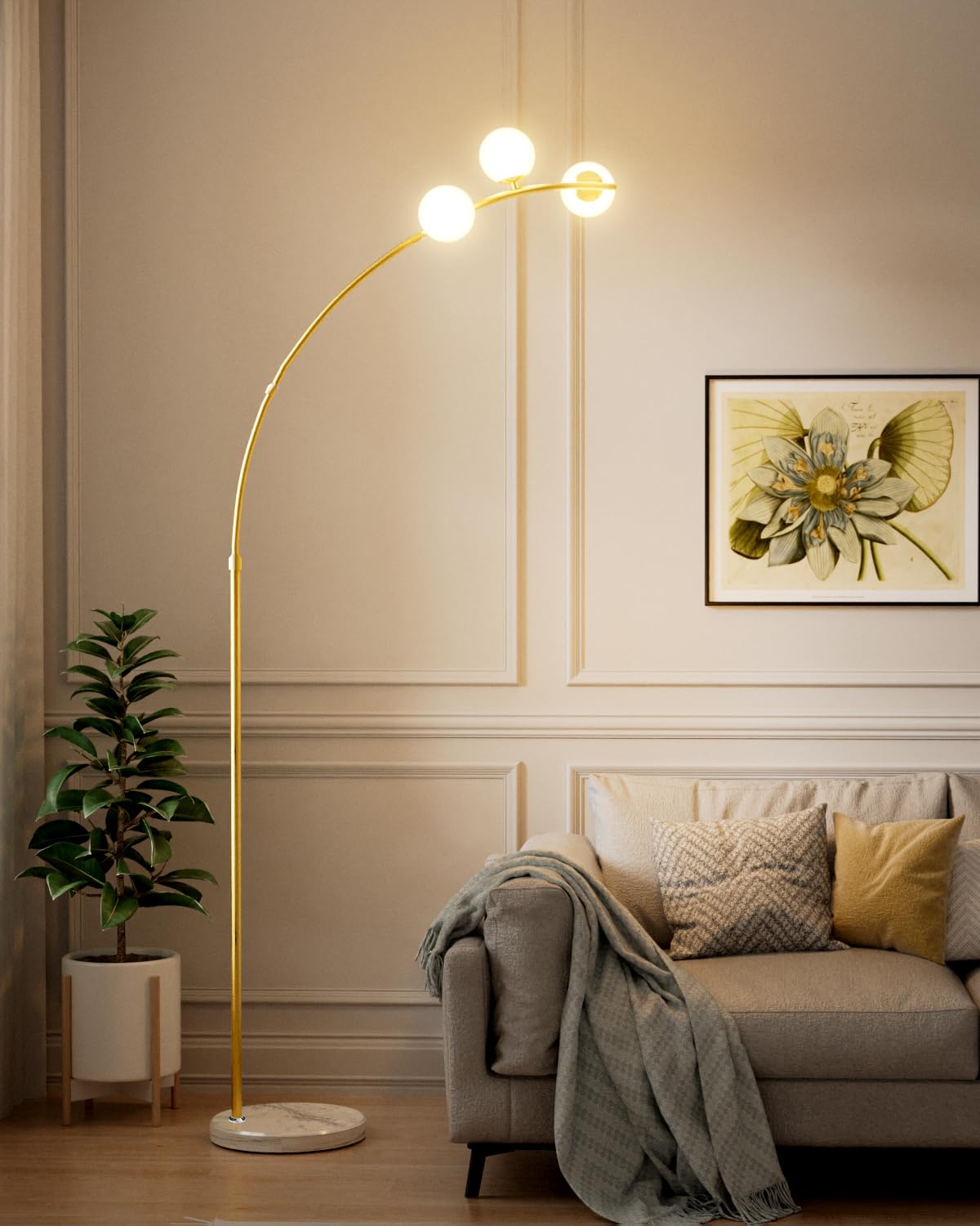 Lightdot Modern Floor Lamp, 3 Globe Design, Metal, Gold Arc, Model LFLL-81, Includes Bulbs, Ideal for Living Room & Home Office