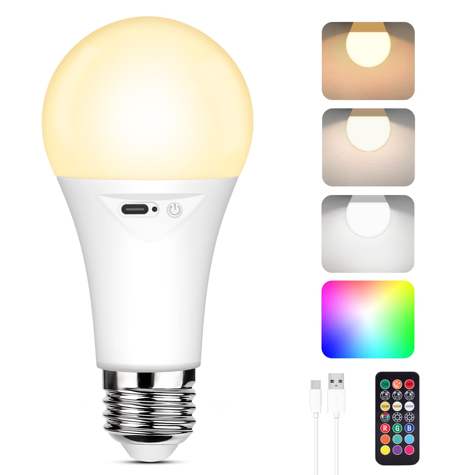 Yochoice Rechargeable A19 Light Bulb, Battery Operated Led Bulb With 9 Colors Selectable & 3 Timer, Dimmable Light Bulb For Non-