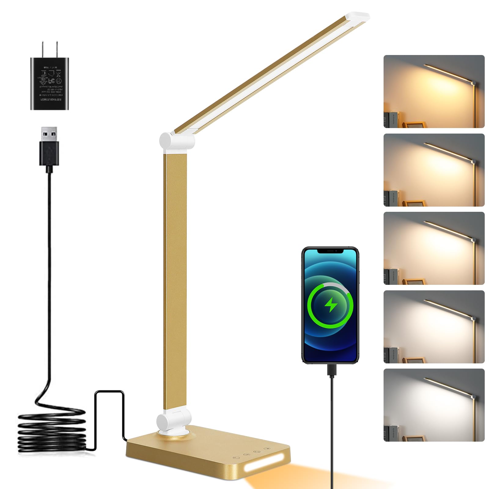 Led Desk Lamp With Usb Ports,Touch Desk Lamps For Home Office With 5 Color Modes,3 Brightness Desk Light With Small Night Light,