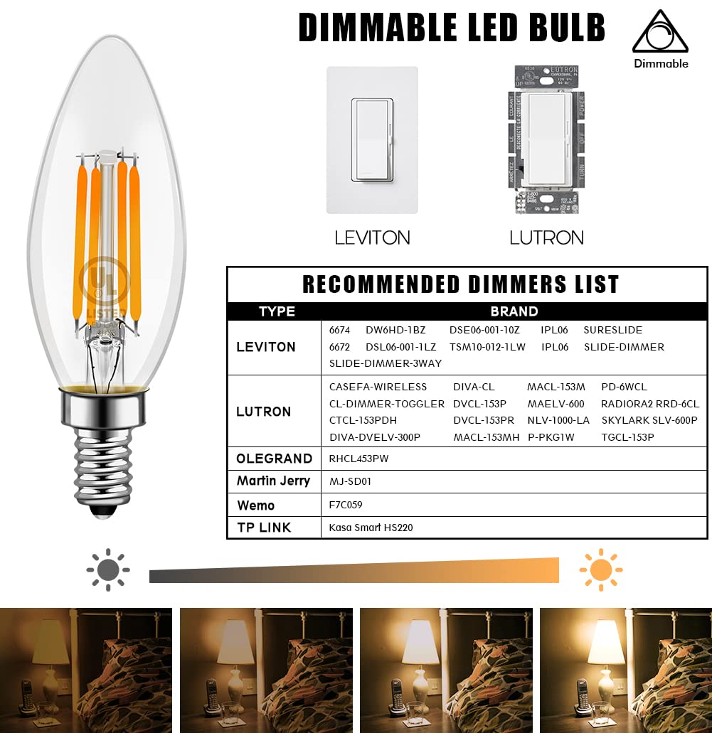 Emotionlite Led Light Bulbs, Dimmable Candelabra Bulbs, E12 Base, Warm White, Chandelier Light, Ceiling Fan Bulb, 40W Equivalent, 4W, 2700K, 350Lm, Ul Listed, 12 Pack