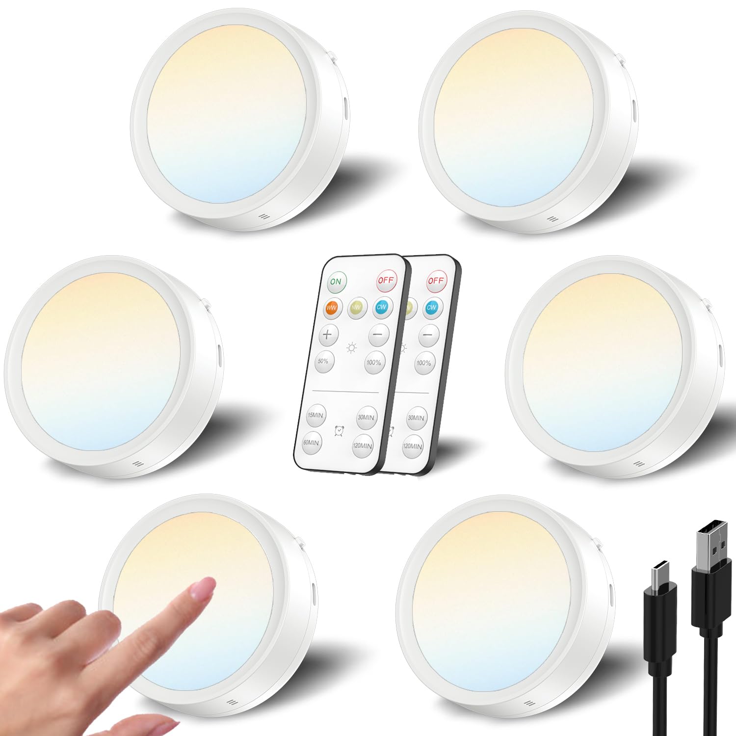 Rechargeable Puck Lights With Remote Control, 1600Mah Battery Powered Push Lights Led Stick On Lights For Closet Magnetic Tap Light Usb Display Shelf Lights Kitchen Under Cabinet Press Button Lights