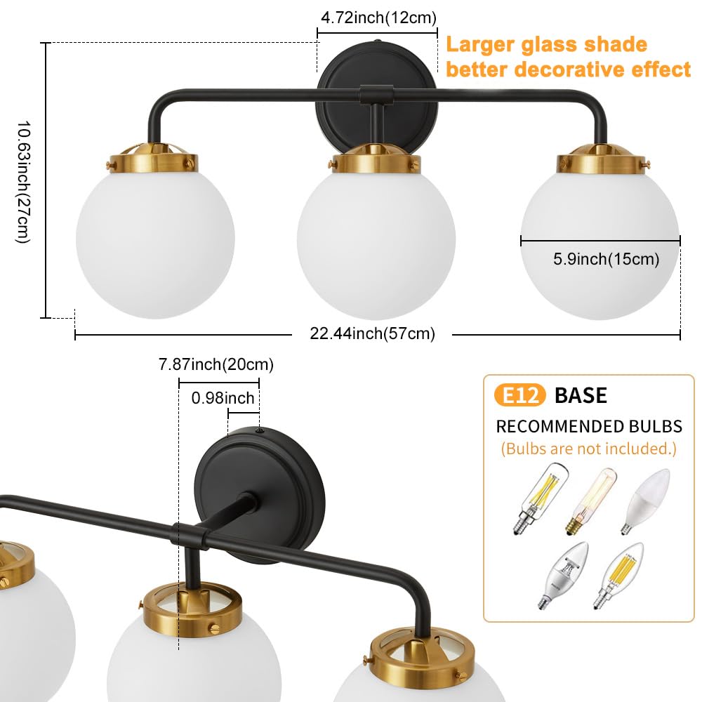 Deyidn Black Gold Bathroom Light Fixtures Above Mirror, Modern Vanity Lighting With White Glass Globe Shade 3-Light Farmhouse Wa