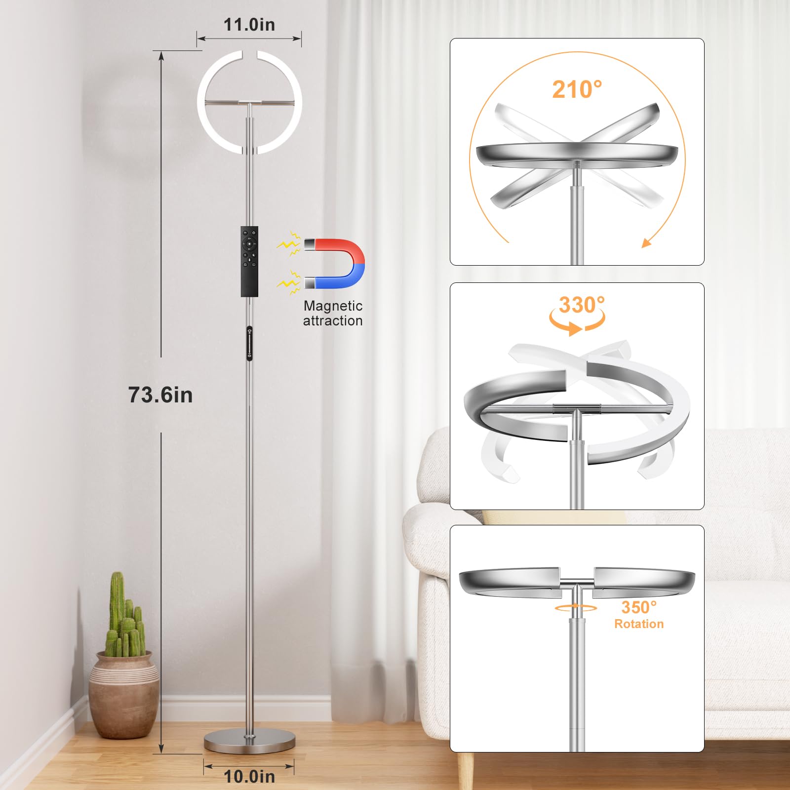 PreeOtti LED Floor Lamp - 73.6" Modern Standing Lamp, 2 Rotatable Lights, Remote & Touch Control, Silver Grey, Model LED2-2