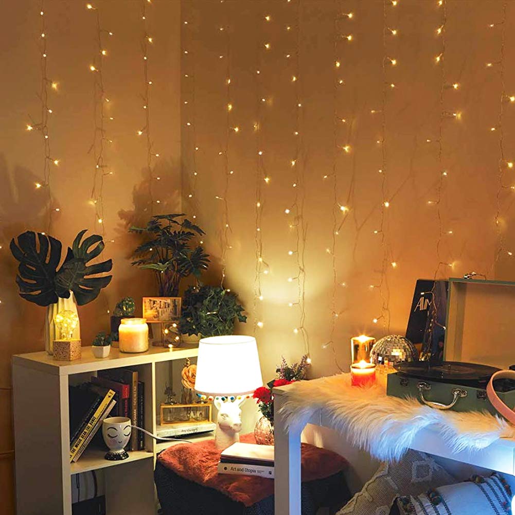 Heyfuni Fiee Curtain Lights,13Ftx6.5Ft Safety Window Curtain Icicle String Lights 30V 8 Modes For Christmas Wedding Party Family Patio Lawn Decoration(Warm White)