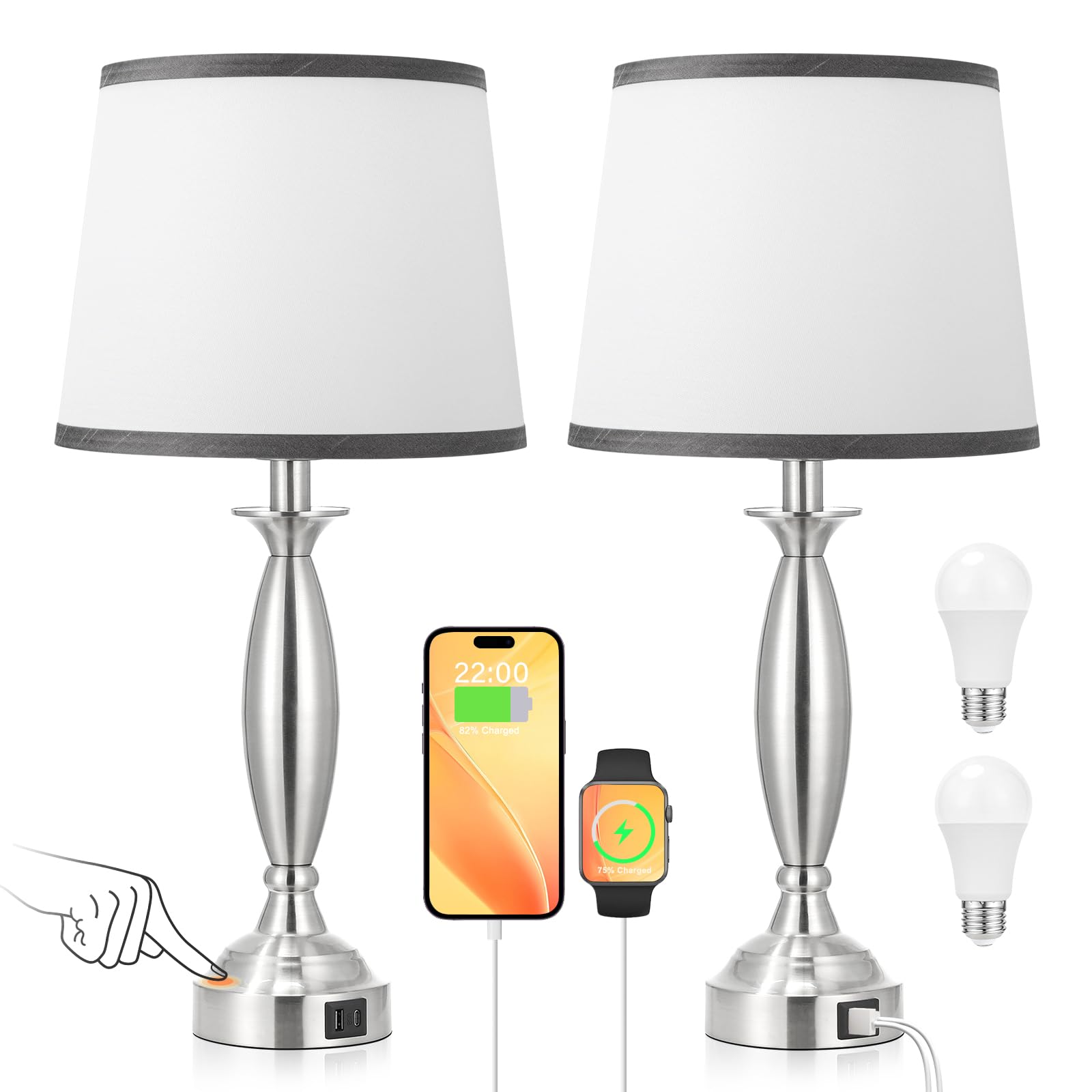 Seealle Touch Bedside Lamps for Nightstand Set of 2 - Bedroom Lamps with USB C+A  3 Way Dimmable Nightstand Lamps  Brushed Nickel Table Lamps for Living Room (Bulbs Included)