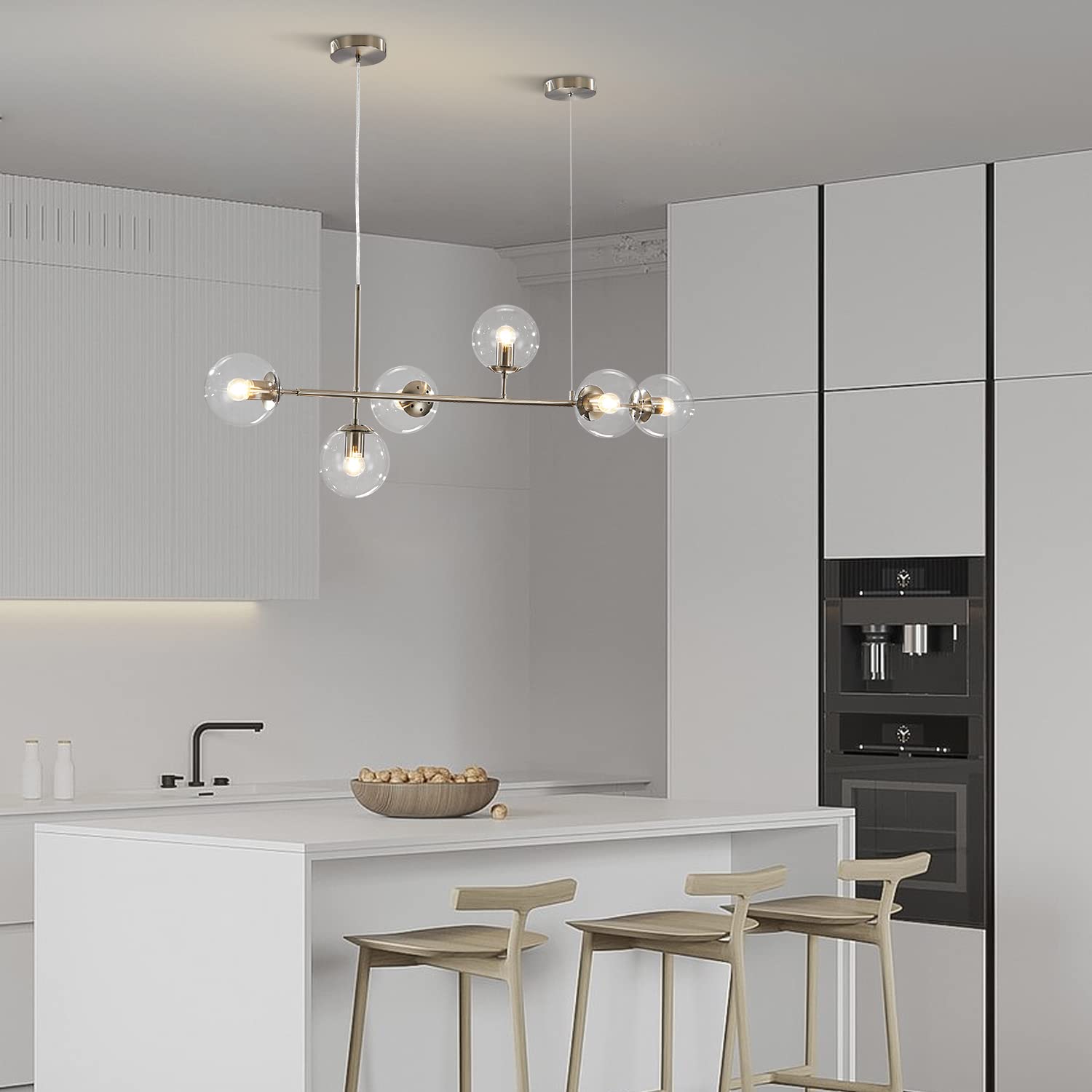 KCO Modern Ceiling Pendant Light, 6-Light Adjustable Chandelier, Mid-Century Glass Globes, Silver+Clear