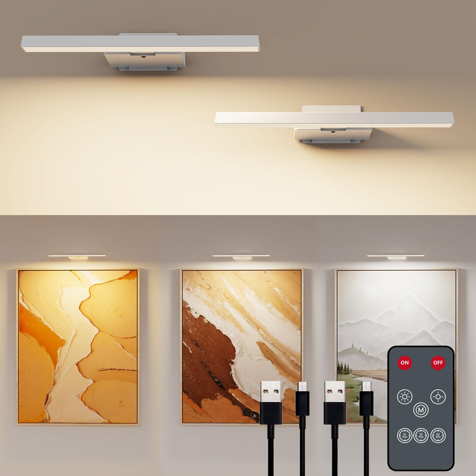 Odupa 2-Pack Battery Operated Picture Lights With Wireless Remote, 6000Mah Rechargeable Battery, Dimmable, 3 Lighting Modes Art