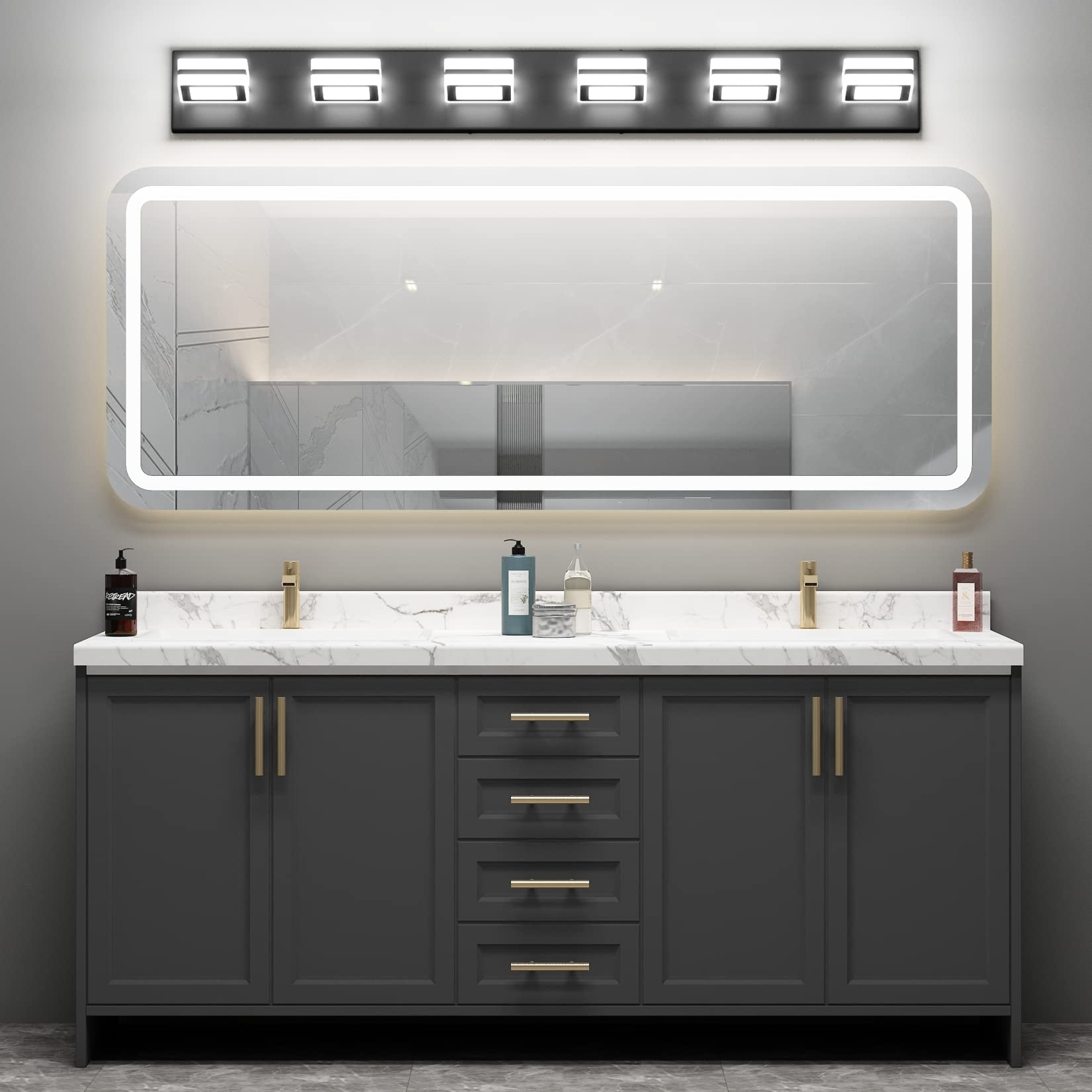 Ralbay Modern LED Bathroom Light Fixtures, 6 Lights, Rotatable, Matte Black, Metal Wall Lighting, Model 8596