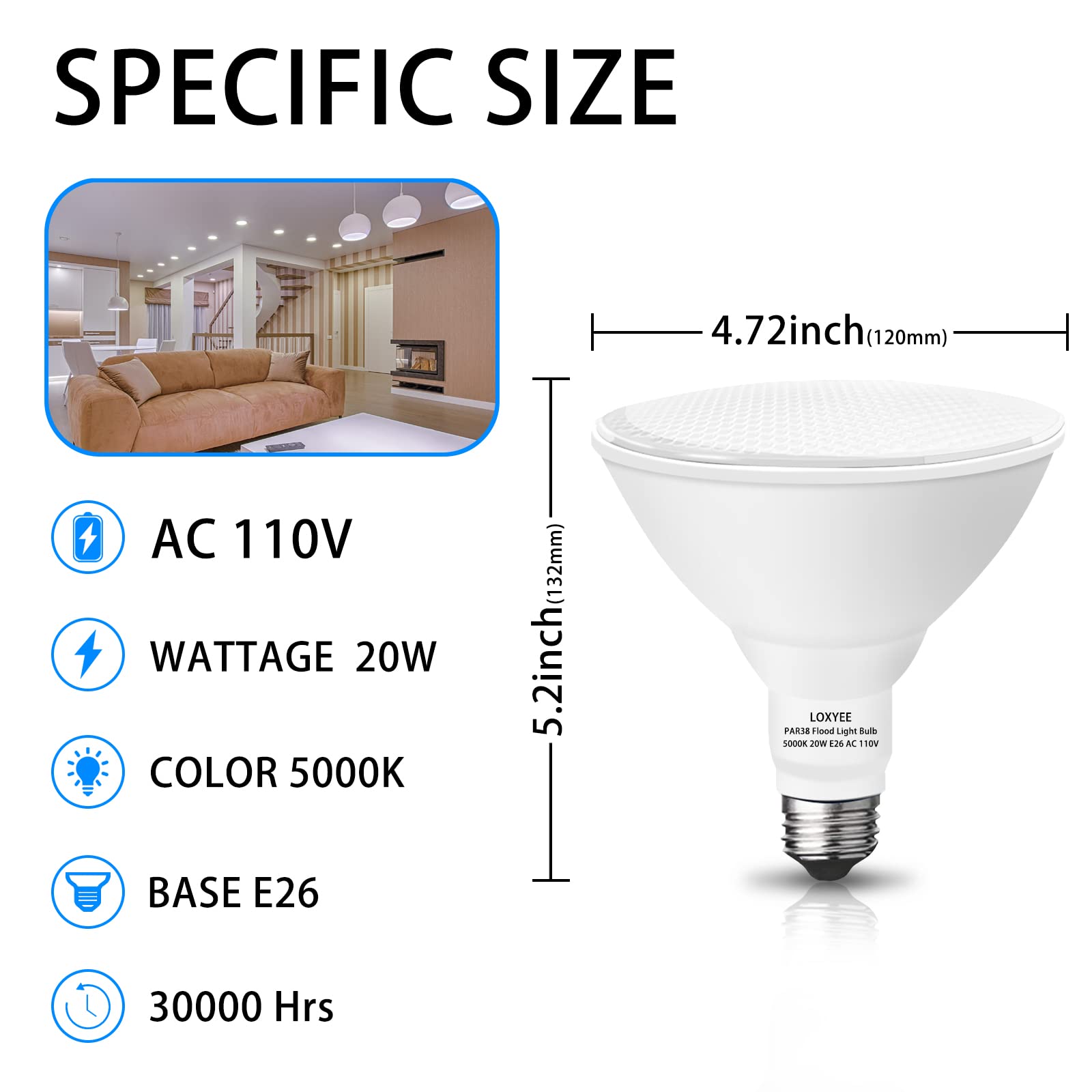 LOXYEE PAR38 LED Outdoor Flood Light Bulbs 2 Pack,20W(200W Equivalent) E26 Base Flood Light Bulbs,5000K Daylight 1800 Lumens LED