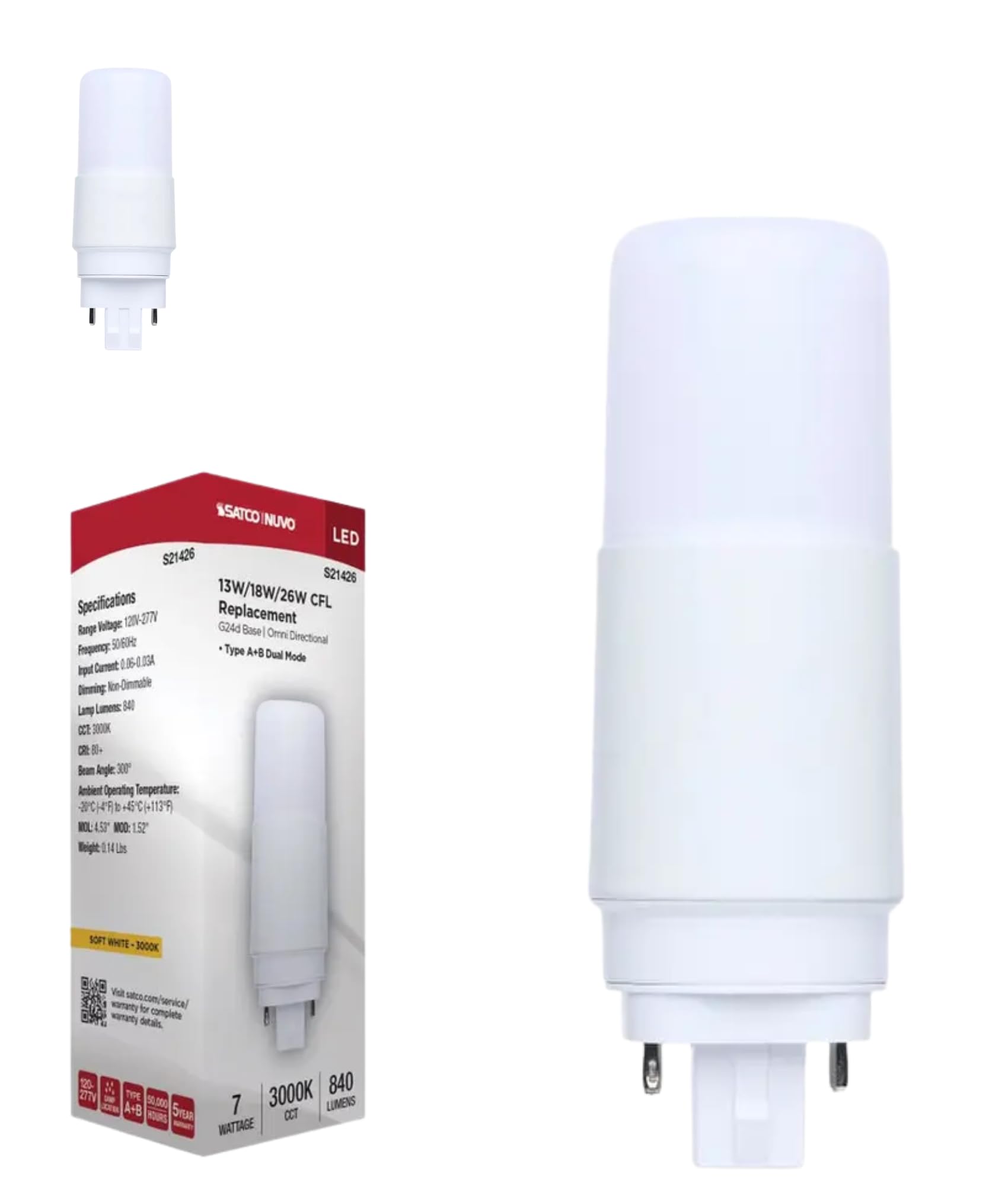 Satco S21426 7W LED PL Light Bulb G24d 2-Pin, Type A/B Dual Mode (Ballast Compatible or Bypass), 3000K Soft White, 840 Lumens, R