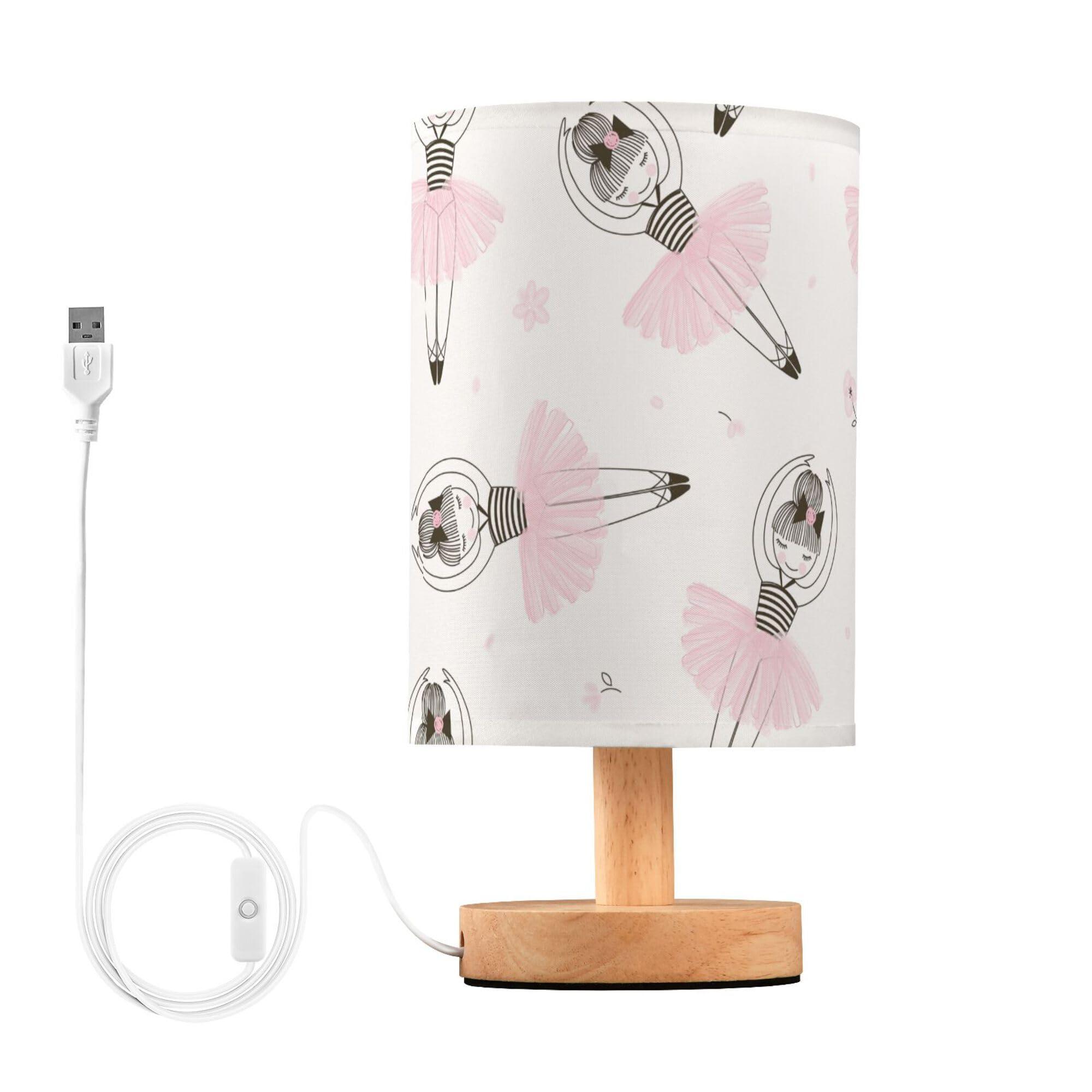 YYZZH Cute Ballerina Girl Table Lamp with Pink Flower Pattern, Wood Base, Fabric Shade for Bedside, Desk, Living Room, Kids Room