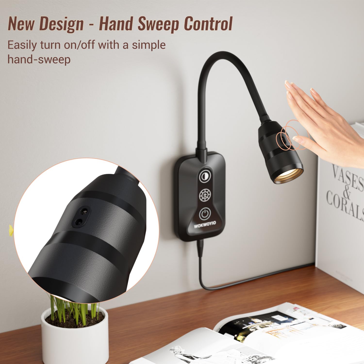 WOKWOYIO Wall Mounted Reading Light, USB Output, Dimmable, 2 Pack, Black, Flexible Gooseneck, for Bedroom Reading