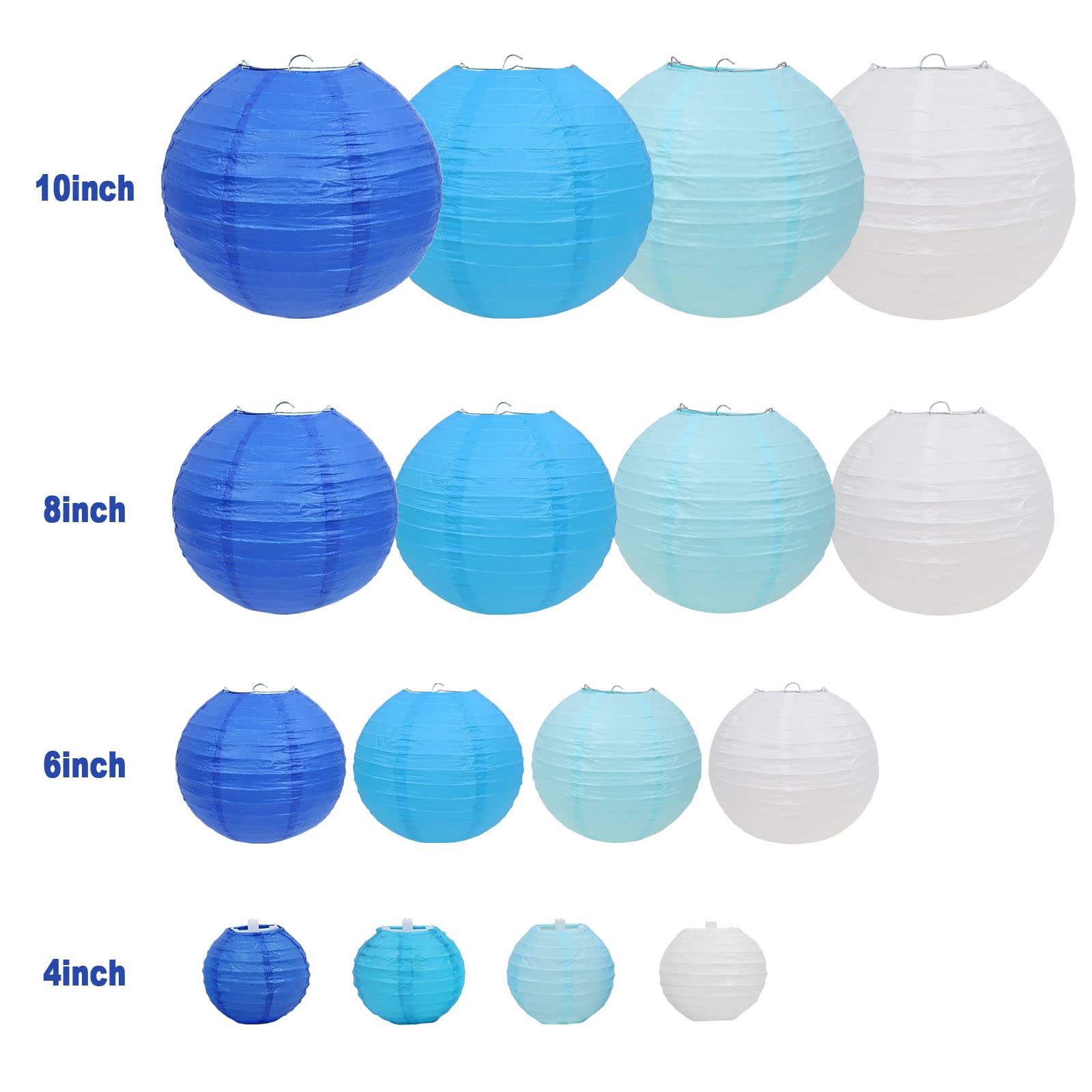 Lurico 16 Pcs Blue/White Paper Lanterns (Size Of 4   , 6   , 8   , 10   ) - Chinese/Japanese Paper Hanging Decorations Ball Lant