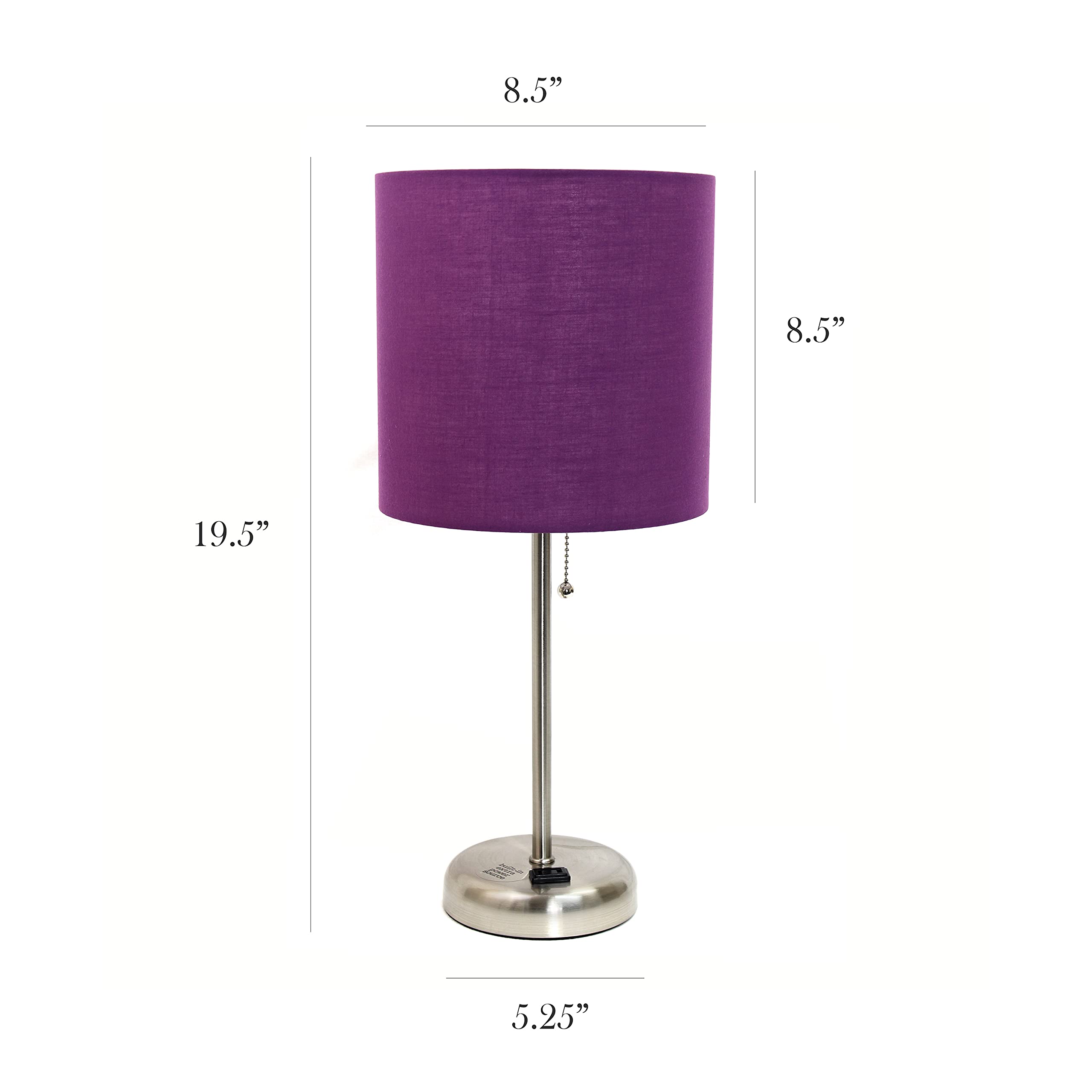 Simple Designs Lt2024-Prp Brushed Steel Stick Table Desk Lamp With Charging Outlet And Drum Fabric Shade, Purple