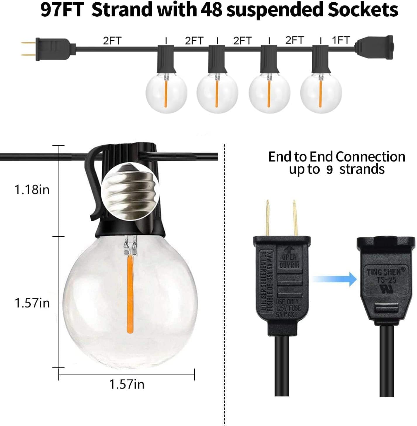 Sunthin Outdoor String Lights 194Ft, G40 Led Patio Lights With Shatterproof Bulbs, Waterproof Dimmable Hanging Connectable Globe