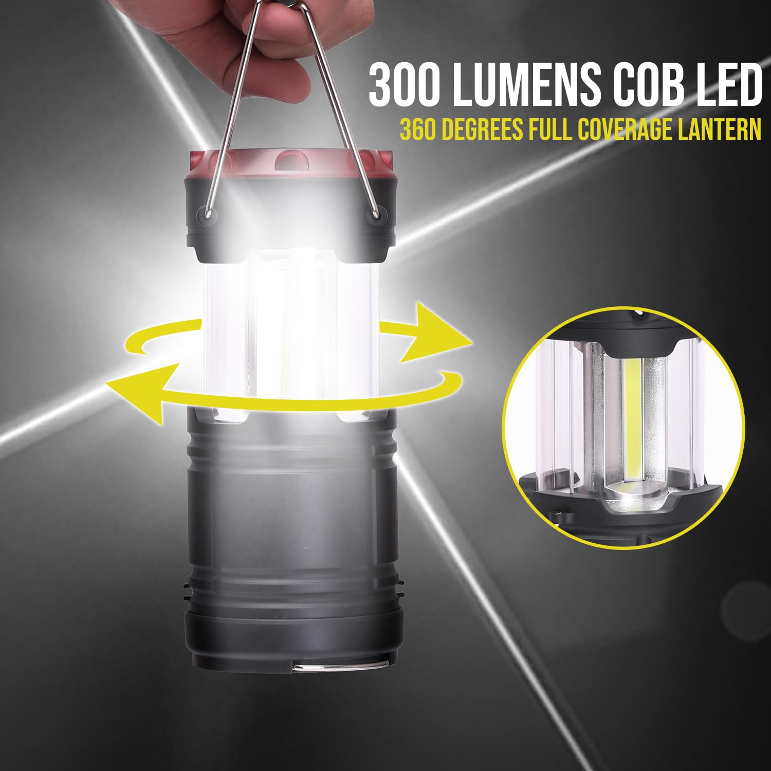 Lichamp Collapsible 2-Pack Camping Lanterns, 300LM COB Light & 150LM Flashlight with Red Strobe/SOS, Magnetic Base, Battery-Powe