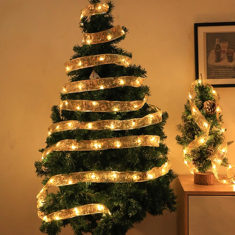 Ypdtacosu Christmas Tree Ribbon String Lights, 33ft 100 LED Fairy Lights for Holiday Party Wedding Xmas Tree Decorations