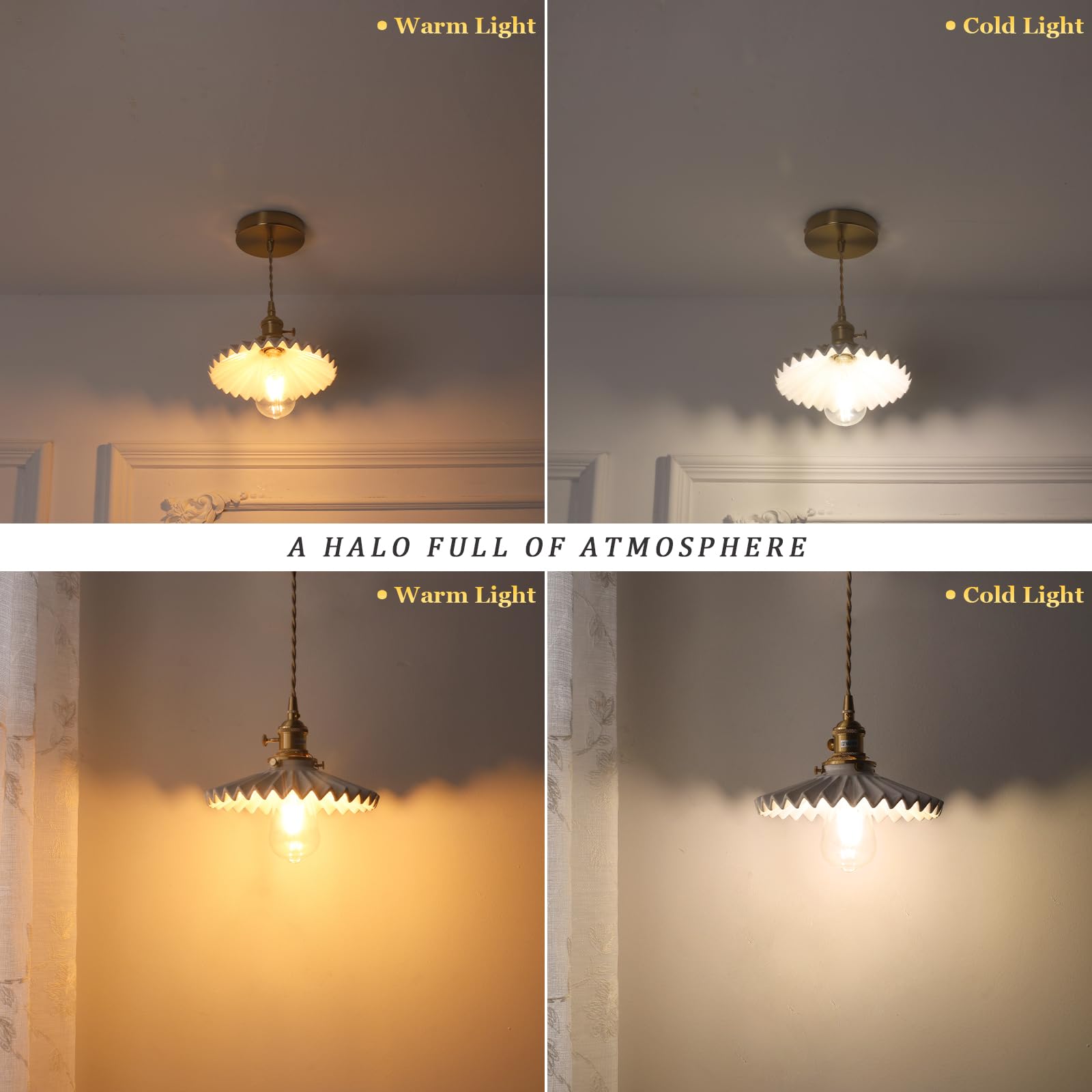 Shenmoyl Pendant Light With White Pleated Ceramic Lmapshade, Brass Vintage Pendant Light Adjustable Hanging Light For Kitchen Is