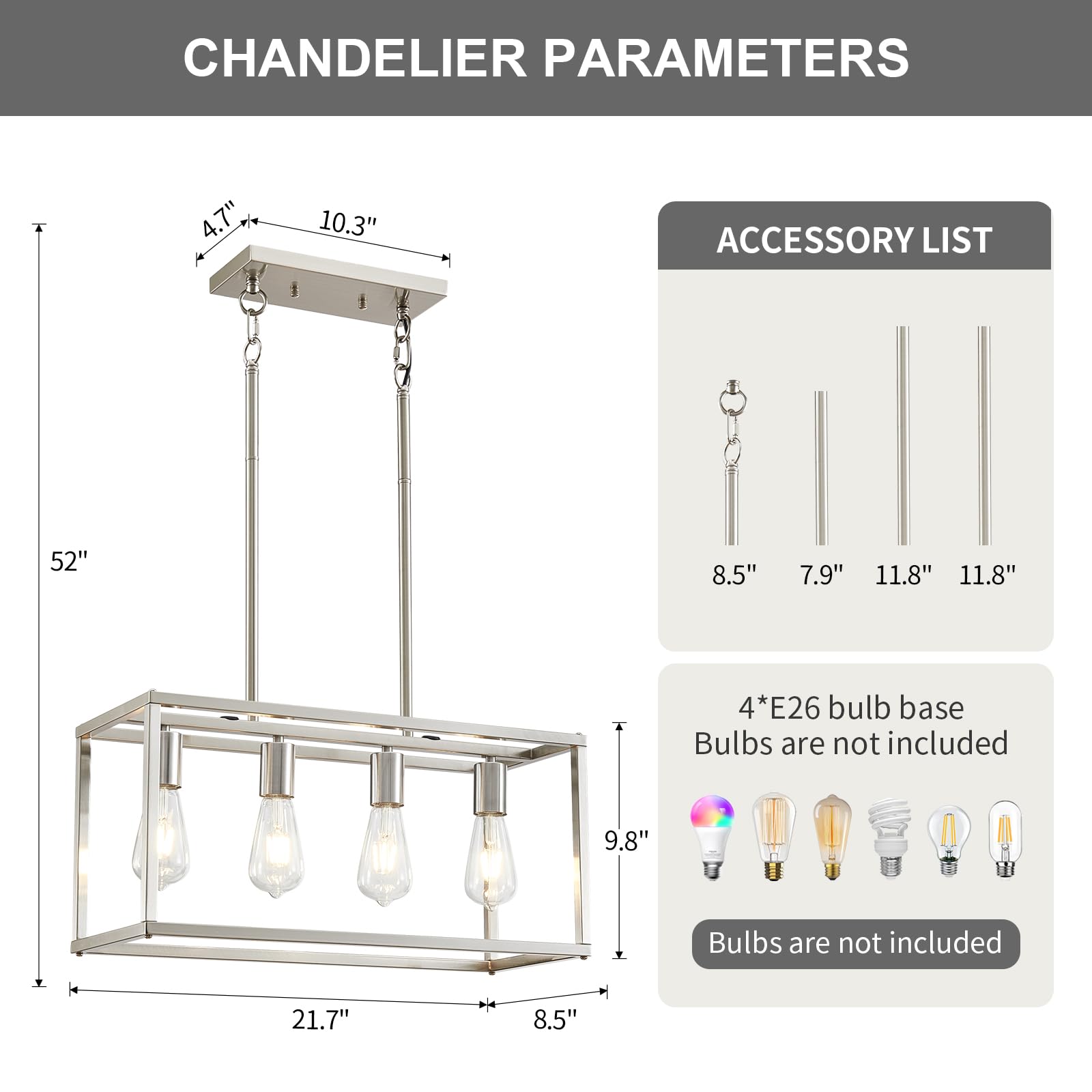 Lanhall 4-Light Farmhouse Chandelier, Brushed Nickel Metal, Adjustable Height, Rectangular Design