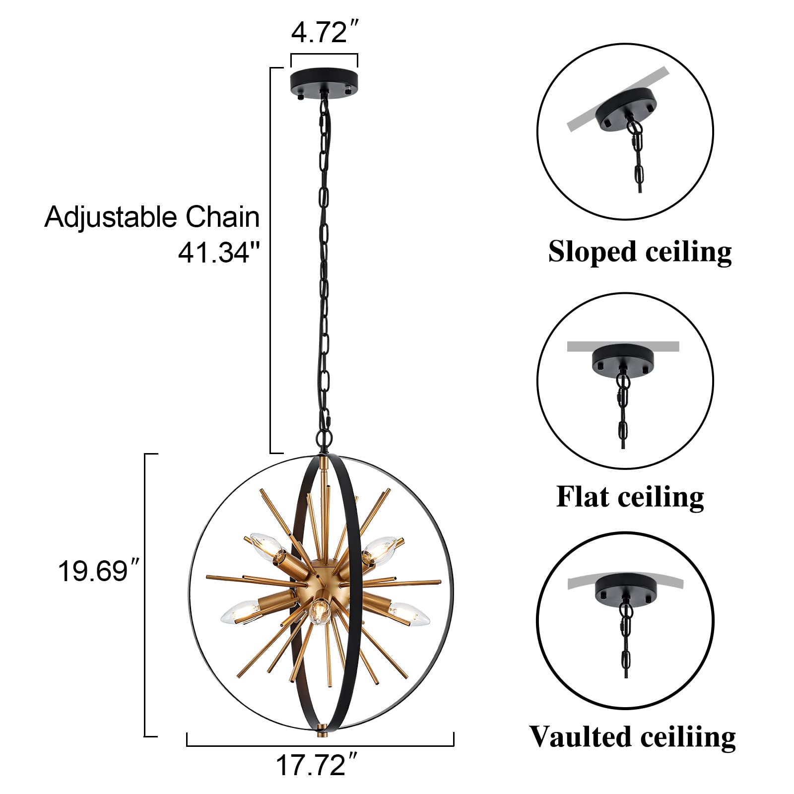 TACDANDM 8-Light Black Gold Sputnik Chandelier, 17.72'' Adjustable Metal Pendant Light for Entryway, Kitchen, Living Room