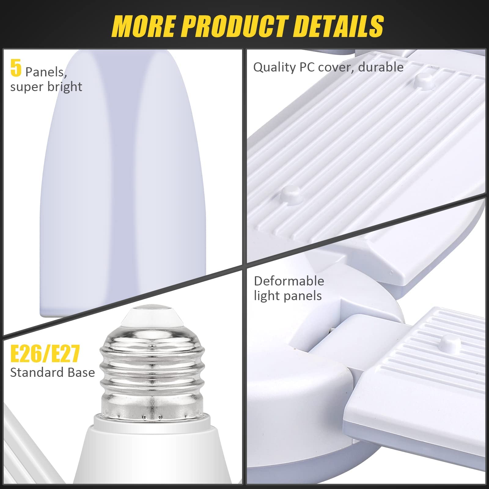 Coomoors LED Garage Lights 2 Pack, 4 Foot Adjustable Ceiling Light, 6500k 8000LM Deformable E26/E27 Garage Lights for Shop, Base