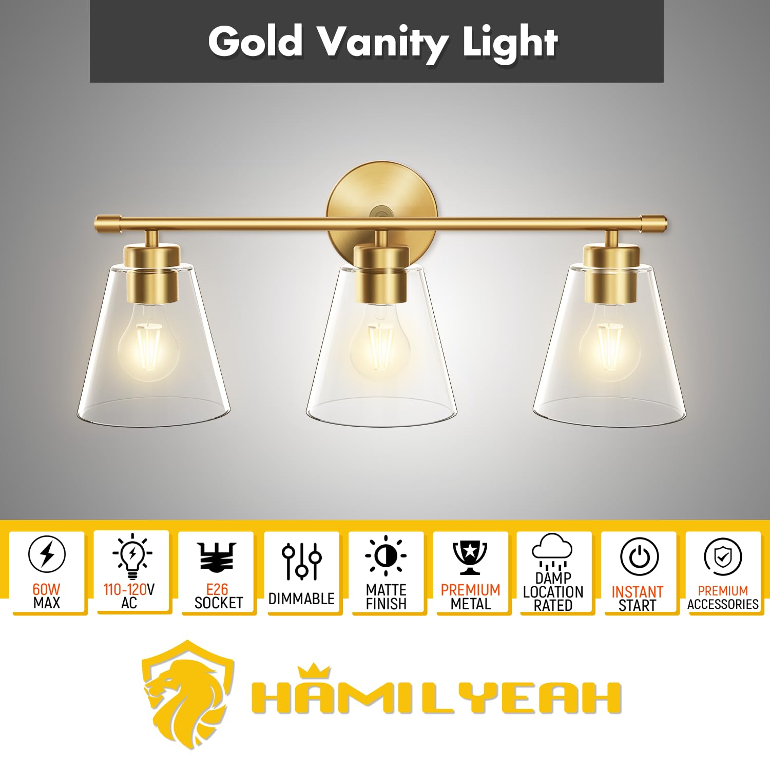 Hamilyeah Gold 3-Light Bathroom Vanity Light Fixtures with Clear Glass Shade, Industrial Style for Bath and Restroom