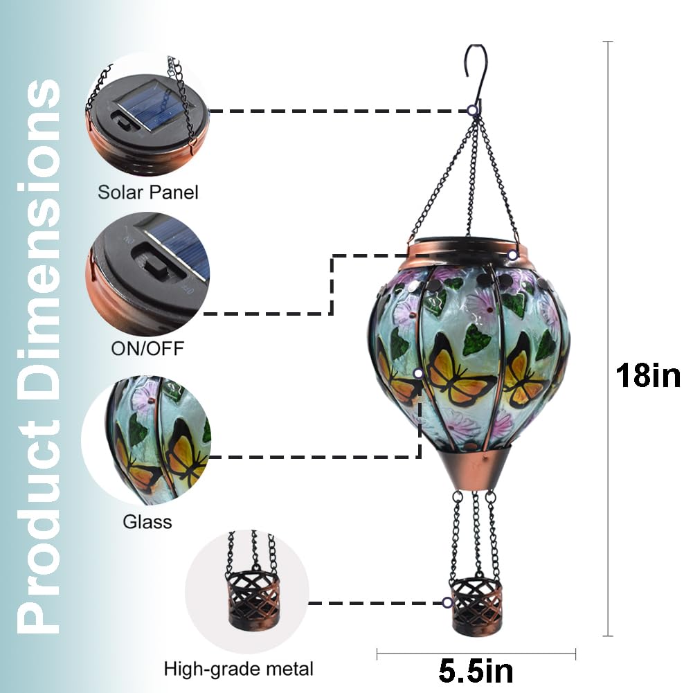 Teyigarden Hot Air Balloon Solar Lantern With Flickering Flame, Glass Hanging Garden Lights Outdoor Waterproof For Tree Yard Patio Mother'S Day Gift, 18&quot; H Butterfly