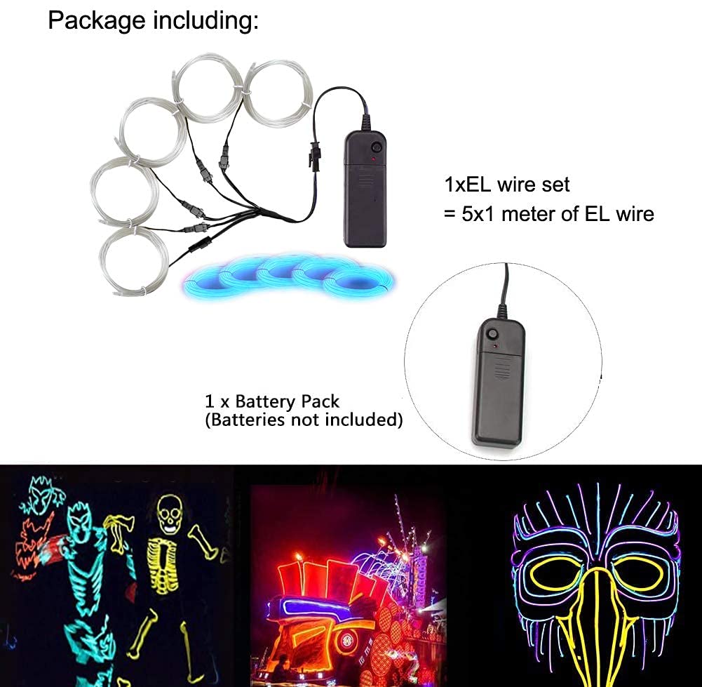 MaxLax Ice Blue EL Wire, Noise Reduction Neon Lights Wire 5 in 1 Meter, Electroluminescent Wire for Halloween, Christmas Party,