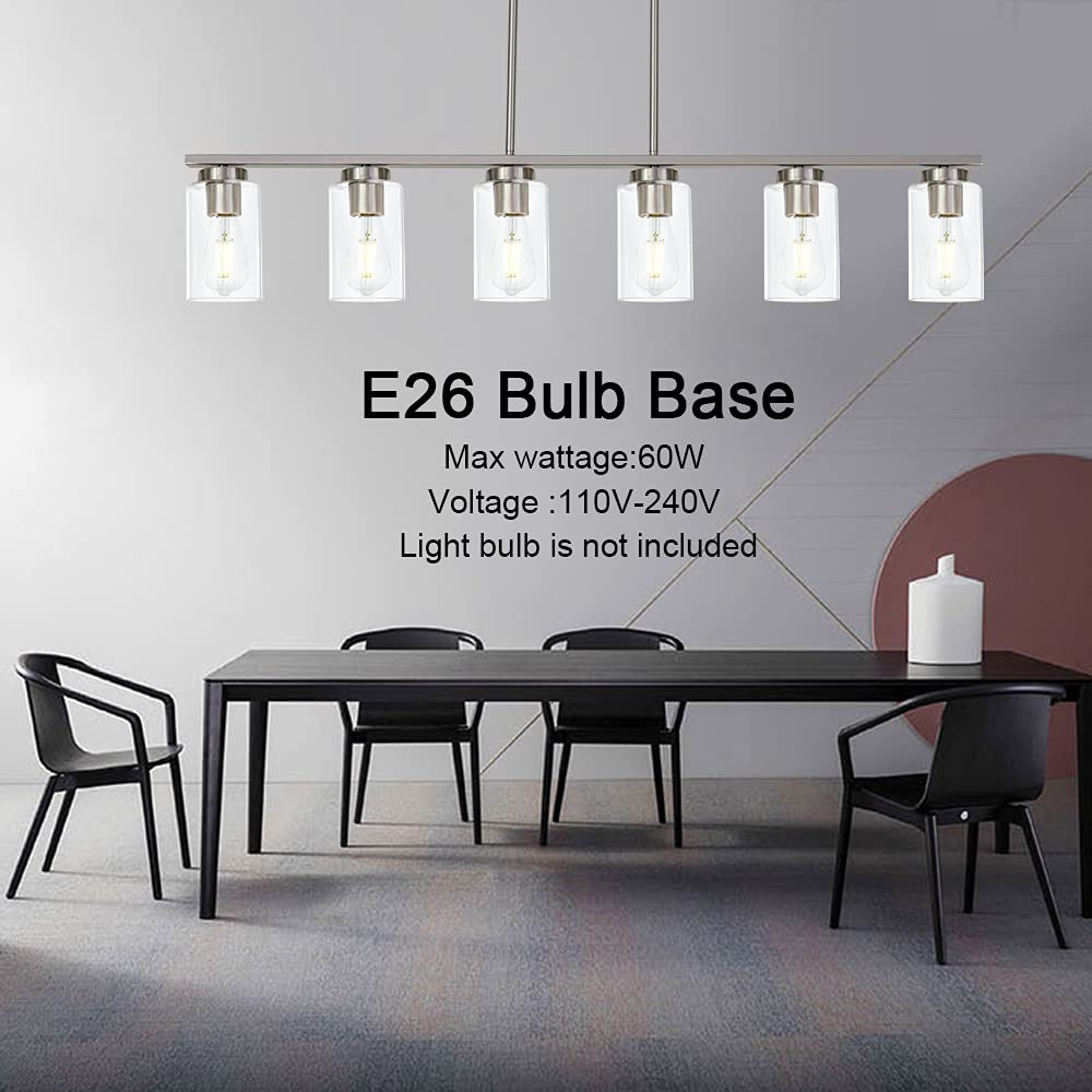 TODOLUZ 6-Light Pendant Light Fixture, Modern Brushed Nickel with Clear Glass Shades for Kitchen Island or Dining Room