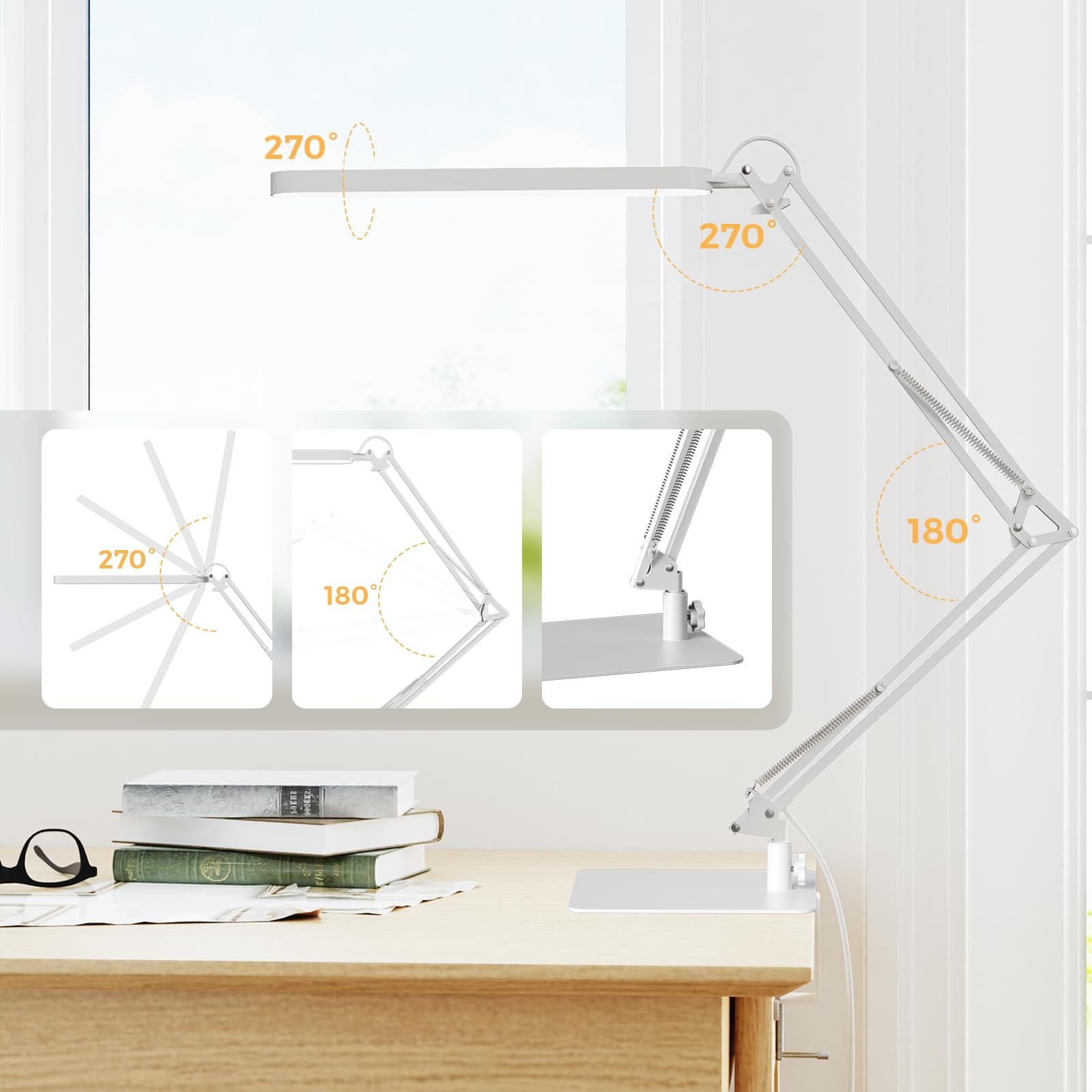 SKYLEO LED Desk Lamp - Adjustable Swing Arm, Dimmable, 1300LM, 12W, White, Model A018
