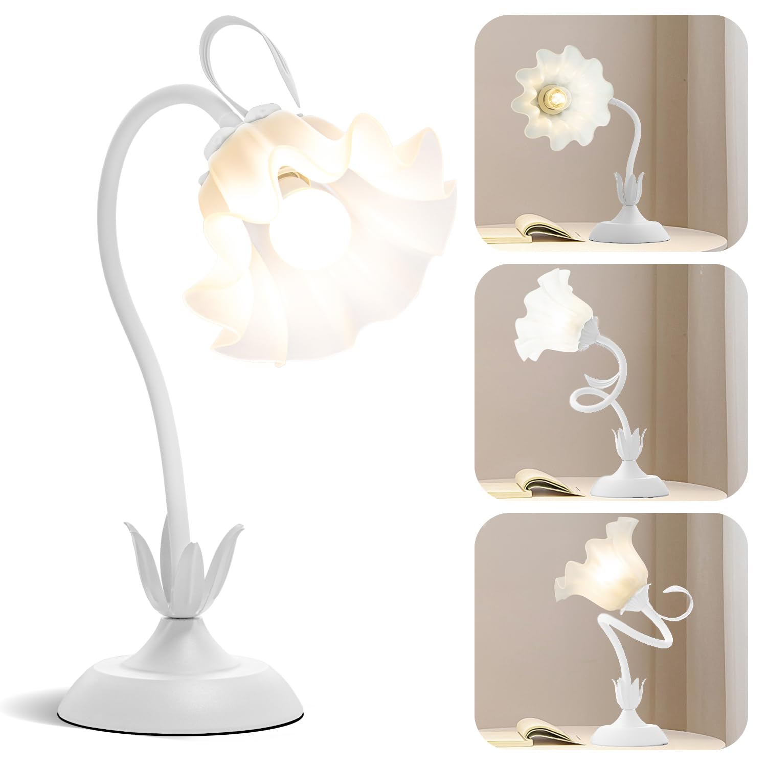 WERFOP Vintage Flower Table Lamp, LED Reading Lamp Cute Flower Bedside Night Light 3 Color Modes Gooseneck Desk Lamp Kawaii Deco