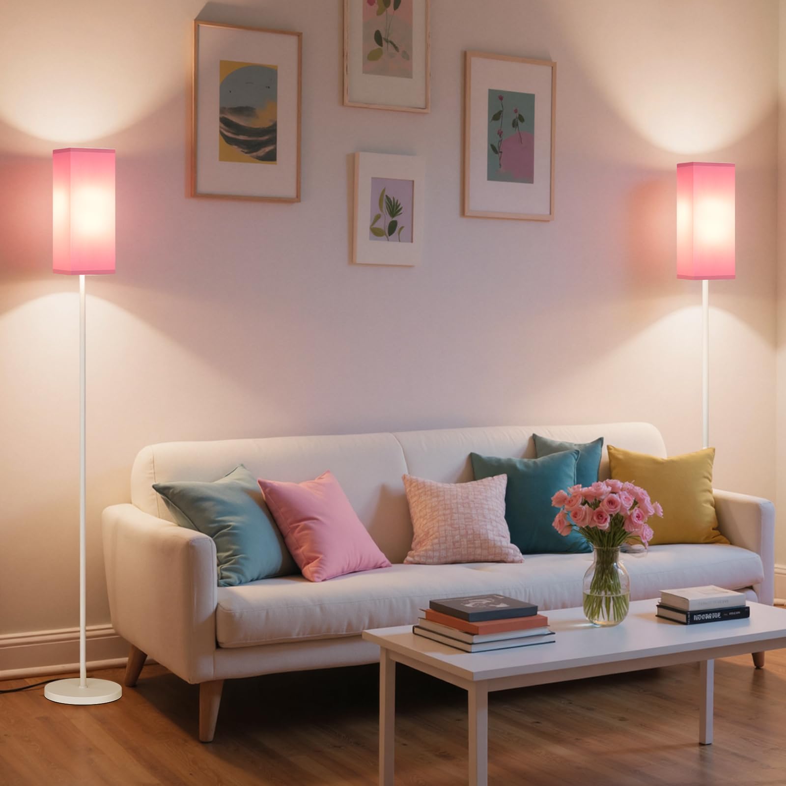 GOEBLESON 64.6" Modern Floor Lamp, Pink & White Linen Shade, Pole Lamp with Foot Switch, Model WP07LD05, ETL Listed for Living Room & Bedroom