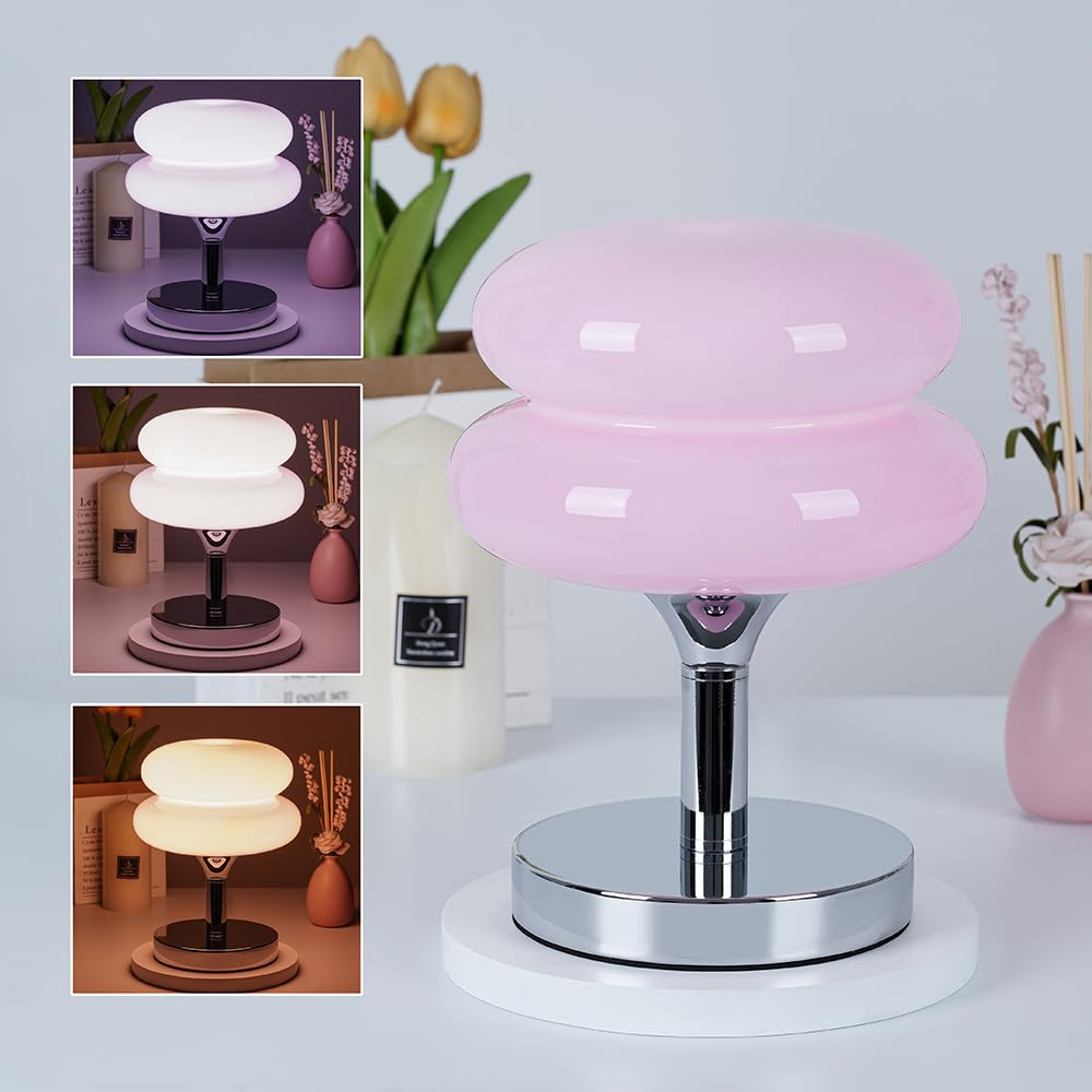 Jiesheng Pink Glass Bedside Lamp, Retro 10.63&quot; Desk Light With 3 Color Modes, E27 Bulb