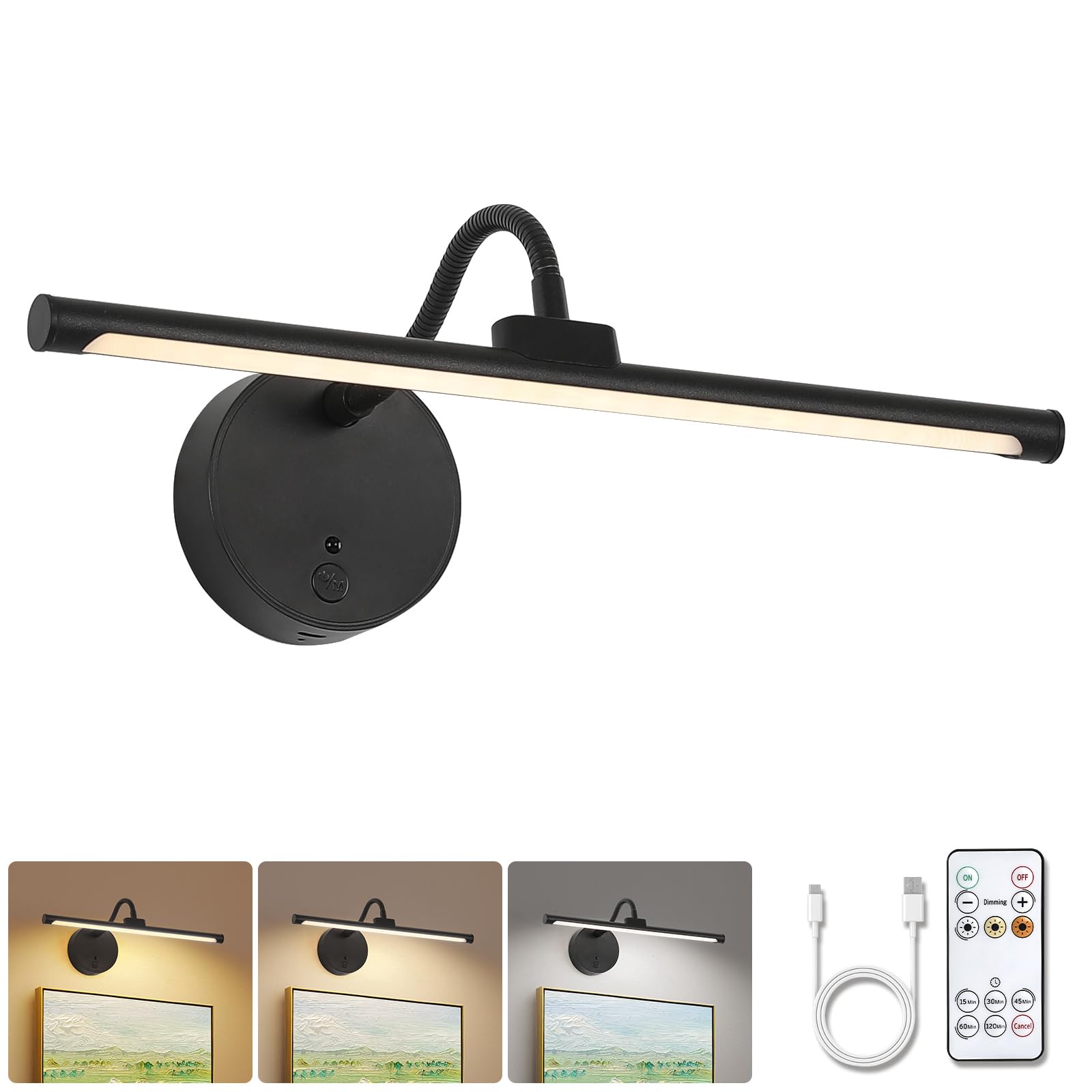 Picture Lights For Wall - Wireless Rechargeable Led Light With Remote  Adjustable Arm  Gold Battery Operated Display Lighting For discomfort-reducingtings  Bedroom  Gallery Wall D?Cor (Black  12.6 Inch - 1Pack)