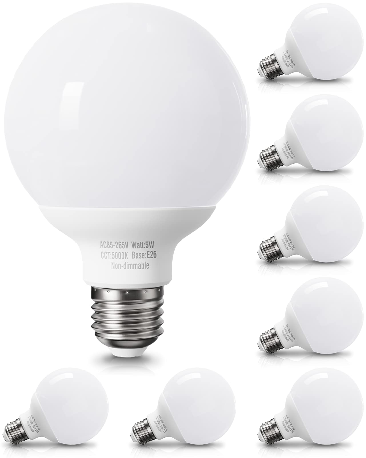 Pazetiv 8 Pack Daylight Led Globe Light Bulbs For Bathroom, 120V 60 Watt Equivalent, E26 Medium Base, Non-Dimmable Vanity Light 