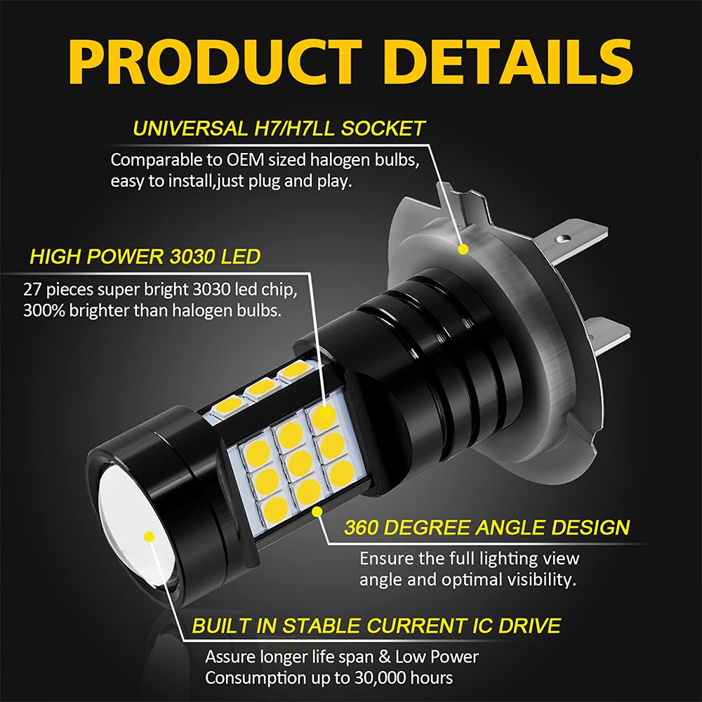 AUXLIGHT H7 LED Fog Light Bulbs, 2400 Lumens, Aluminum, H7/H7LL, Golden Yellow