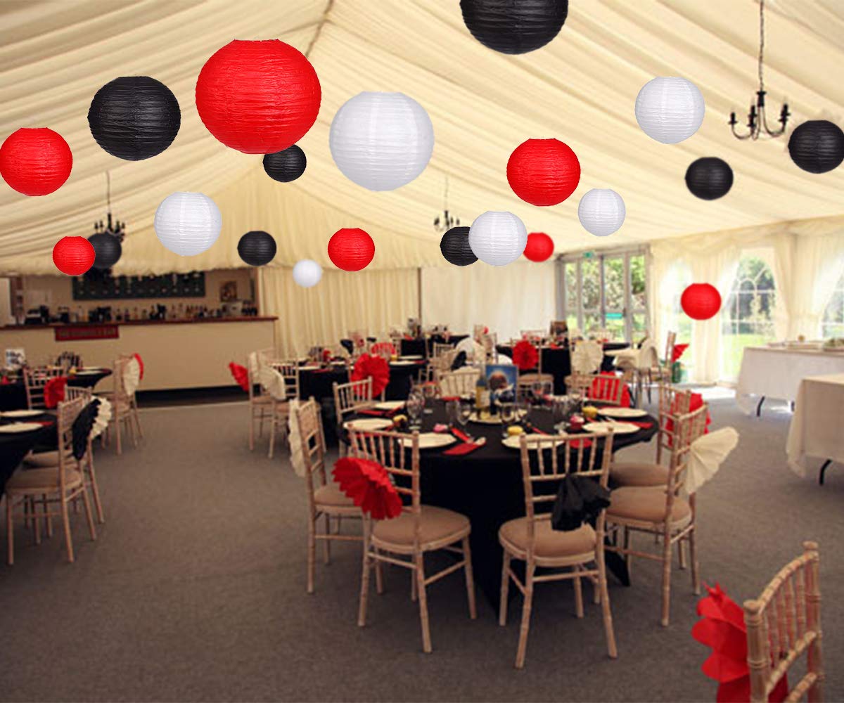 zilue 24pcs Round Paper Lanterns - Black/Red - Paper Decoration for Wedding, Birthday, Baby Showers - Model PL100303