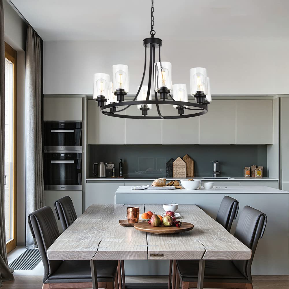 MELUCEE 8-Light Black Chandelier - Industrial Kitchen Island Lighting, Clear Glass Shade, Farmhouse Pendant Light for Dining Room and Bedroom