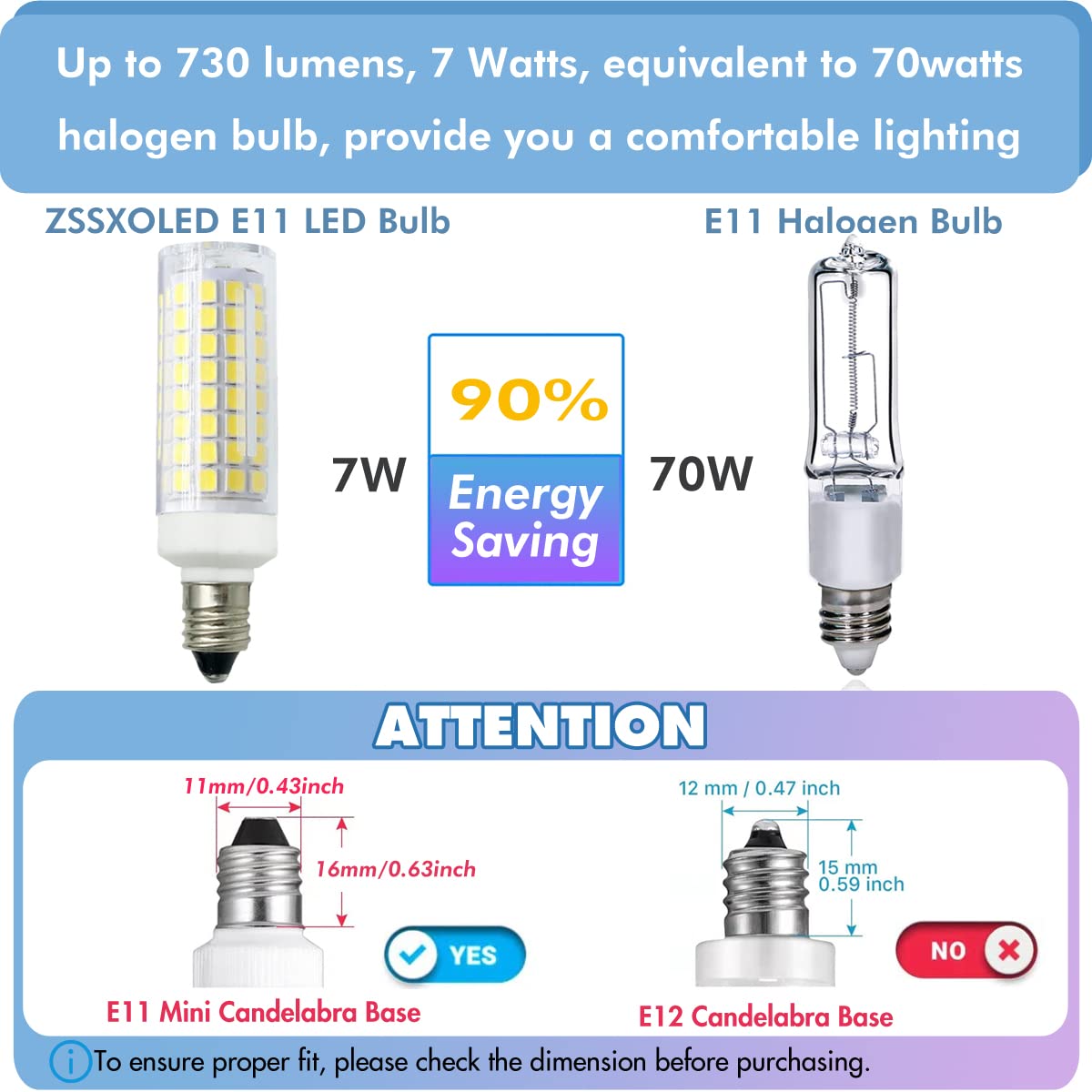 Zssxoled E11 Led Bulb 7W Dimmable E11 Mini Candelabra Base 75W Halogen Equivalent, T3/T4 Jd E11 Led Light Bulb For Chandelier Ca