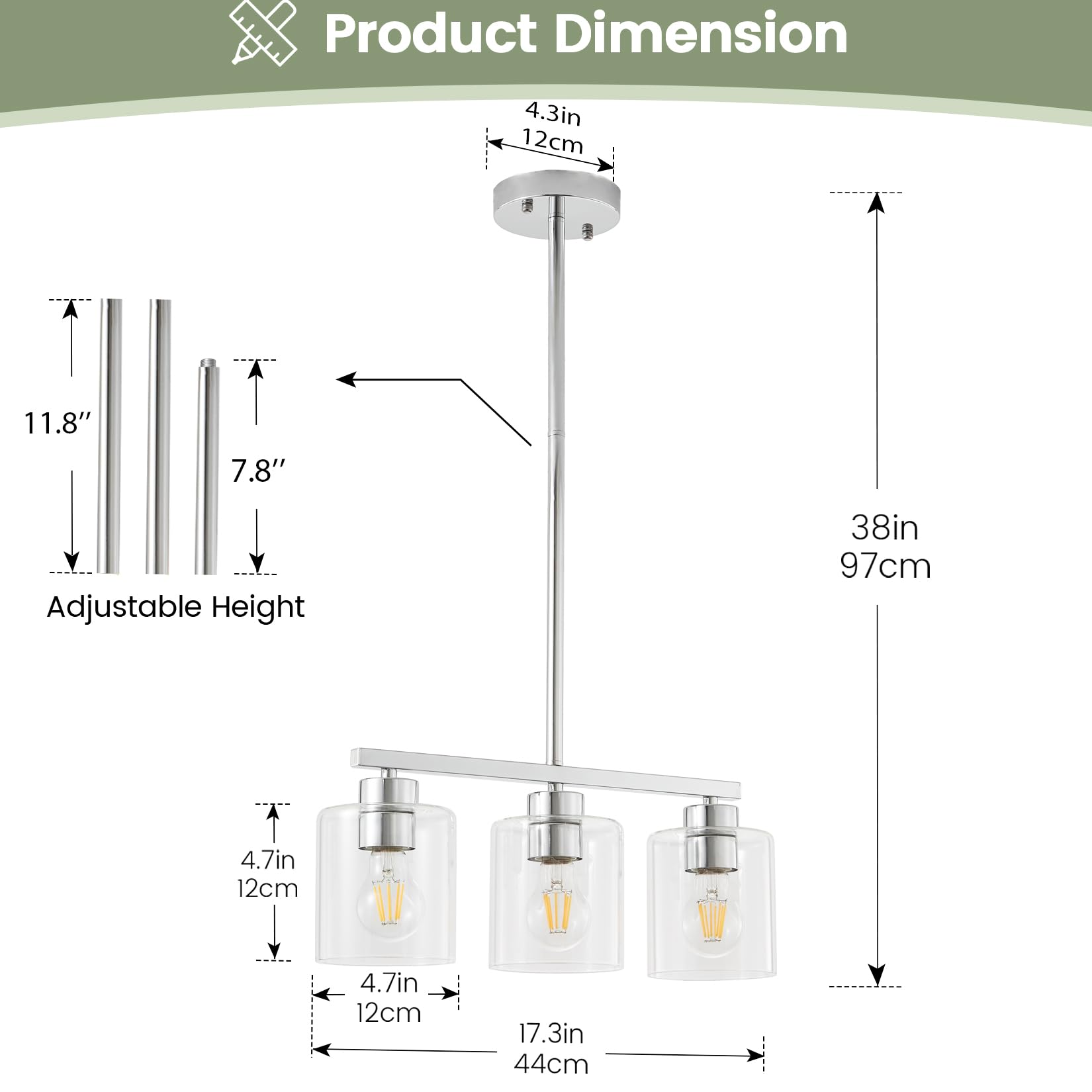 3-Light Silver Kitchen Island Lighting  Silver Pendant Light Fixture  Farmhouse Dining Room Light Fixtures Over Table  Modern Hanging Light Fixtures With Clear Glass  E26 Base  Bulbs Not Included