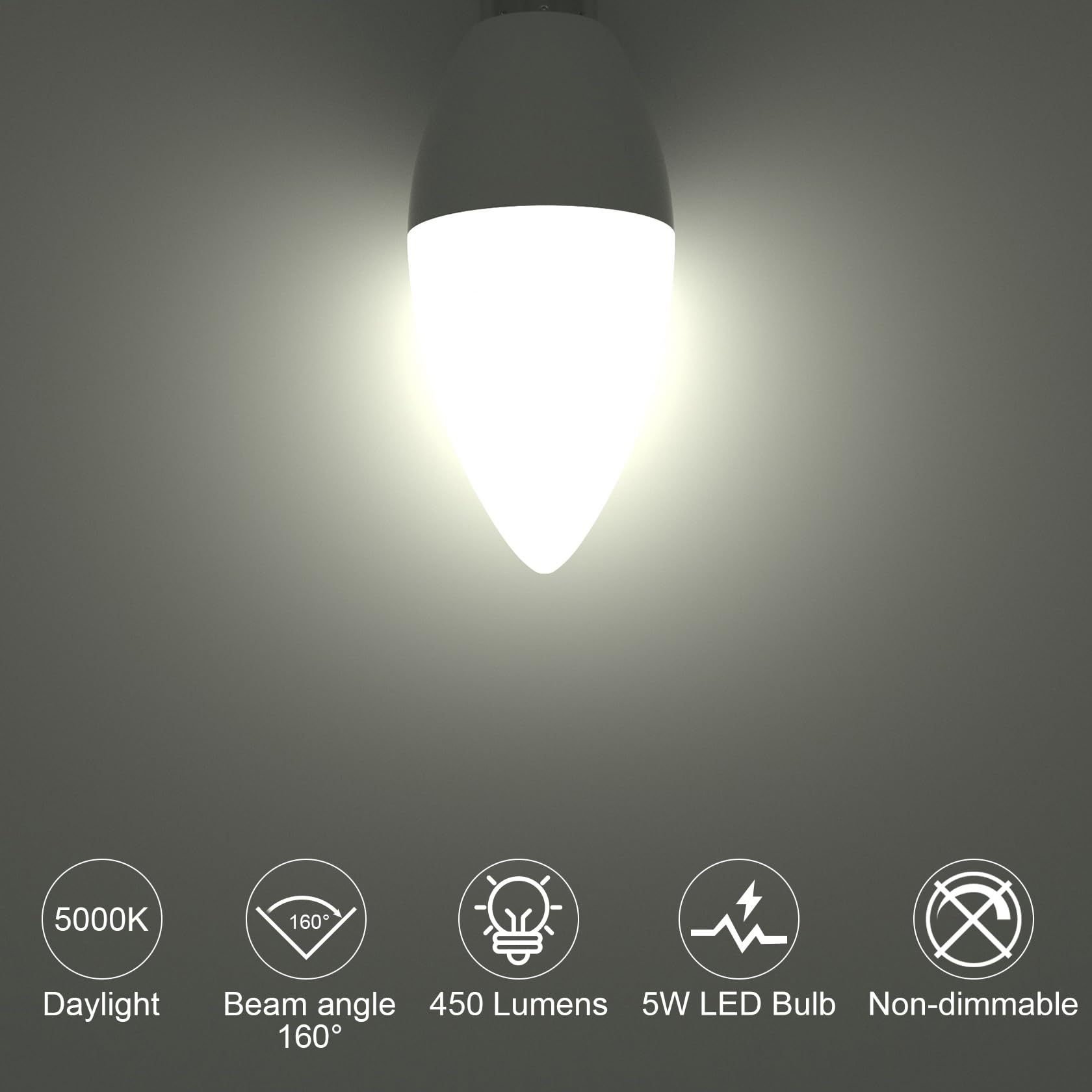 ORALUCE E12 LED Candelabra Light Bulbs, 40W Equivalent, 5000K Daylight White, Non-dimmable, 5W 450LM, 6 Pack