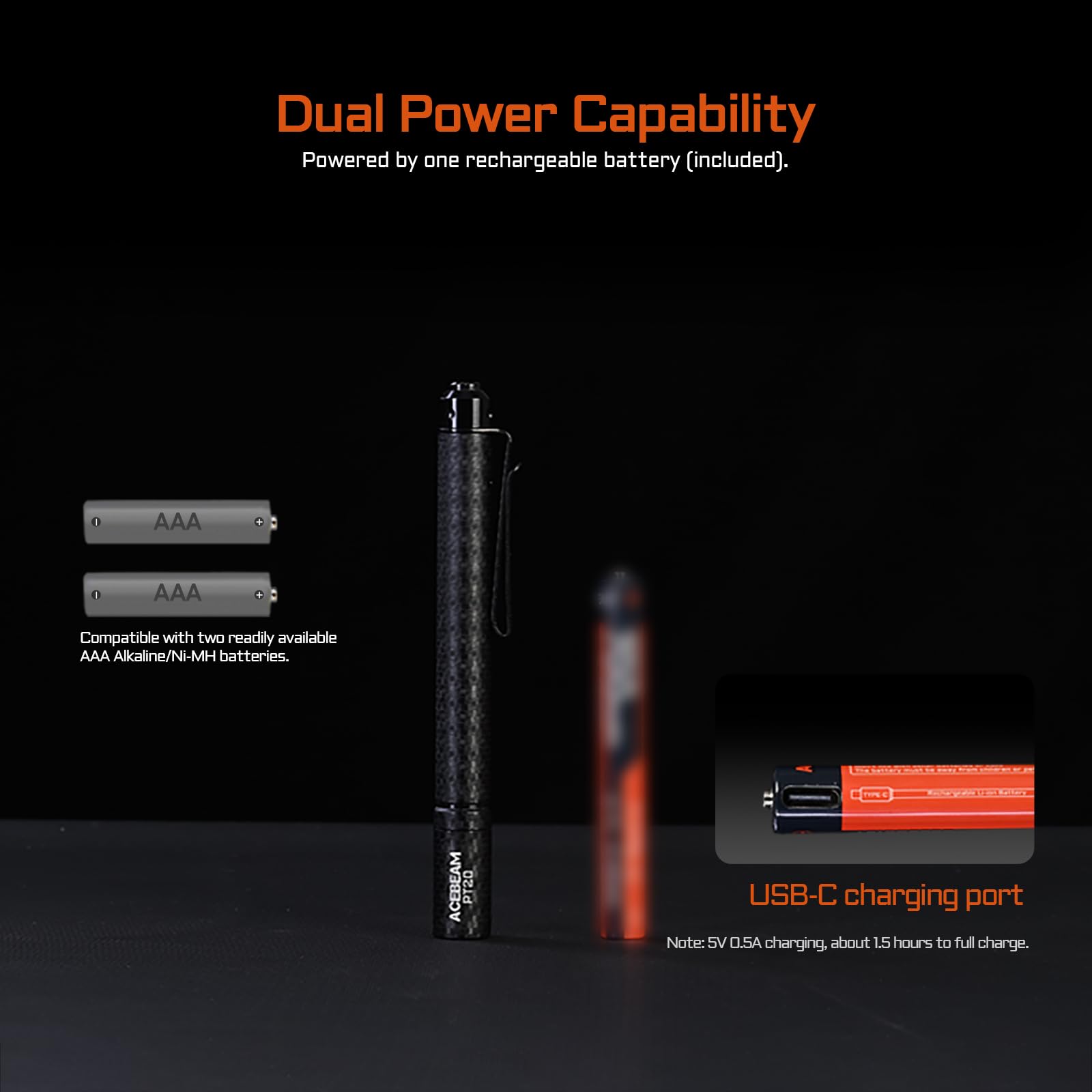 ACEBEAM PT20 Rechargeable Pen Flashlight, 500 Lumens, Aluminum, Carbon Fiber Black, Compact EDC Light for Camping and Home Use