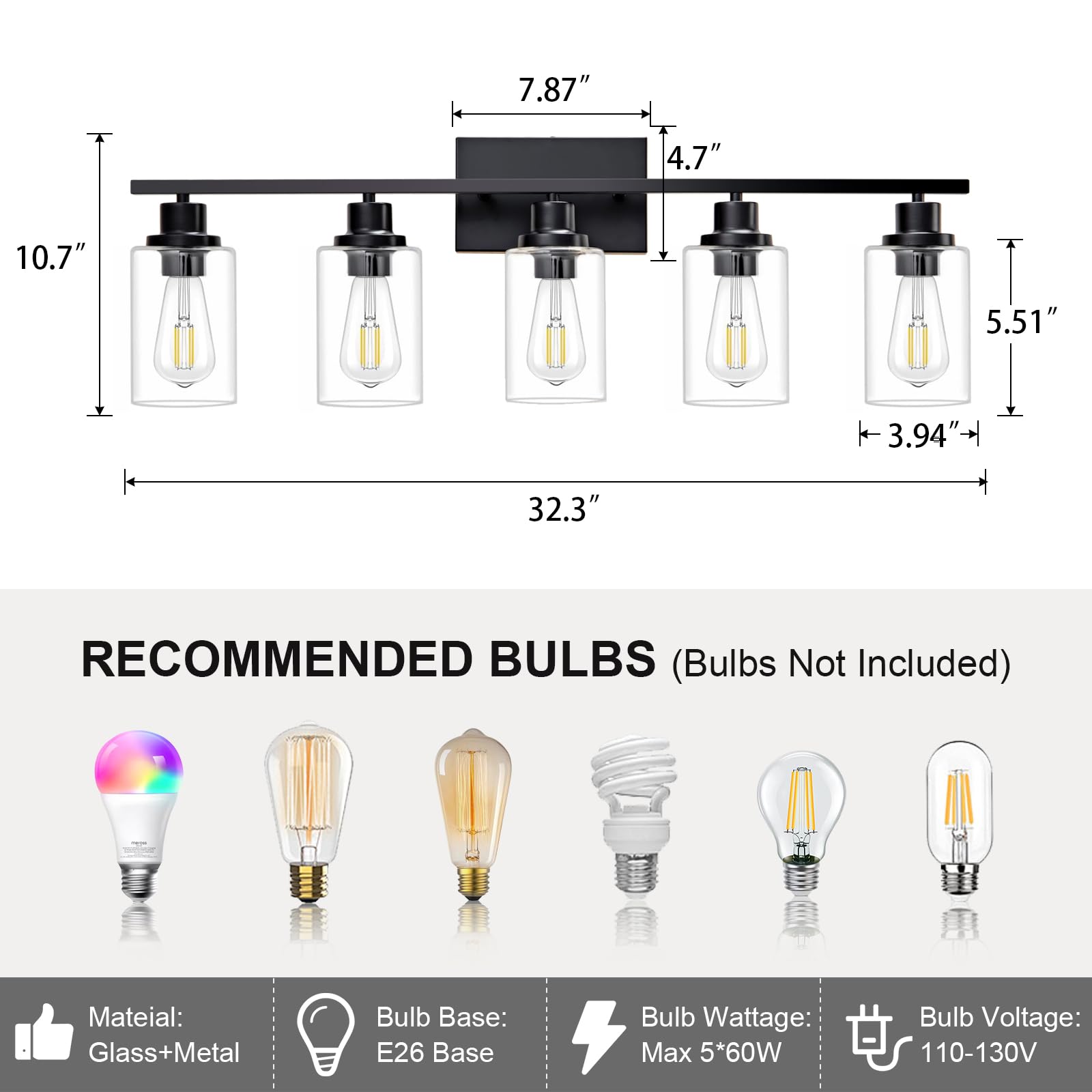 HCCZ 5 Light Bathroom Light Fixtures Black Metal Vanity Light Over Mirror E26 Socket with Glass Shade Model 800-100-1083