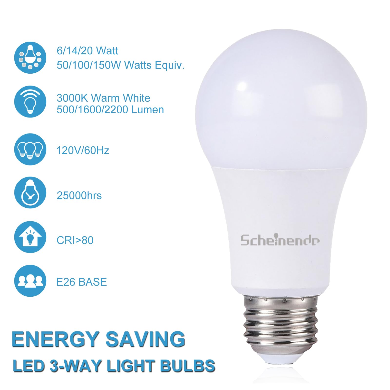 Scheinenda 3-Way Led Light Bulbs A21, 50 100 150 Watt Equivalent, Perfect For Reading, Warm White (3000K), Indoor Standard E26 B
