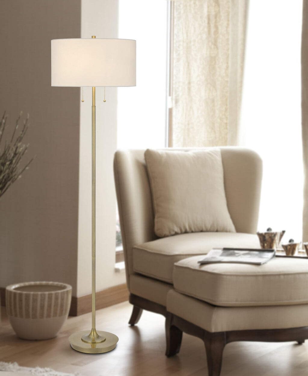 HomeRoots Brass Two Light Traditional Floor Lamp with White Rectangular Shade, 64 in.