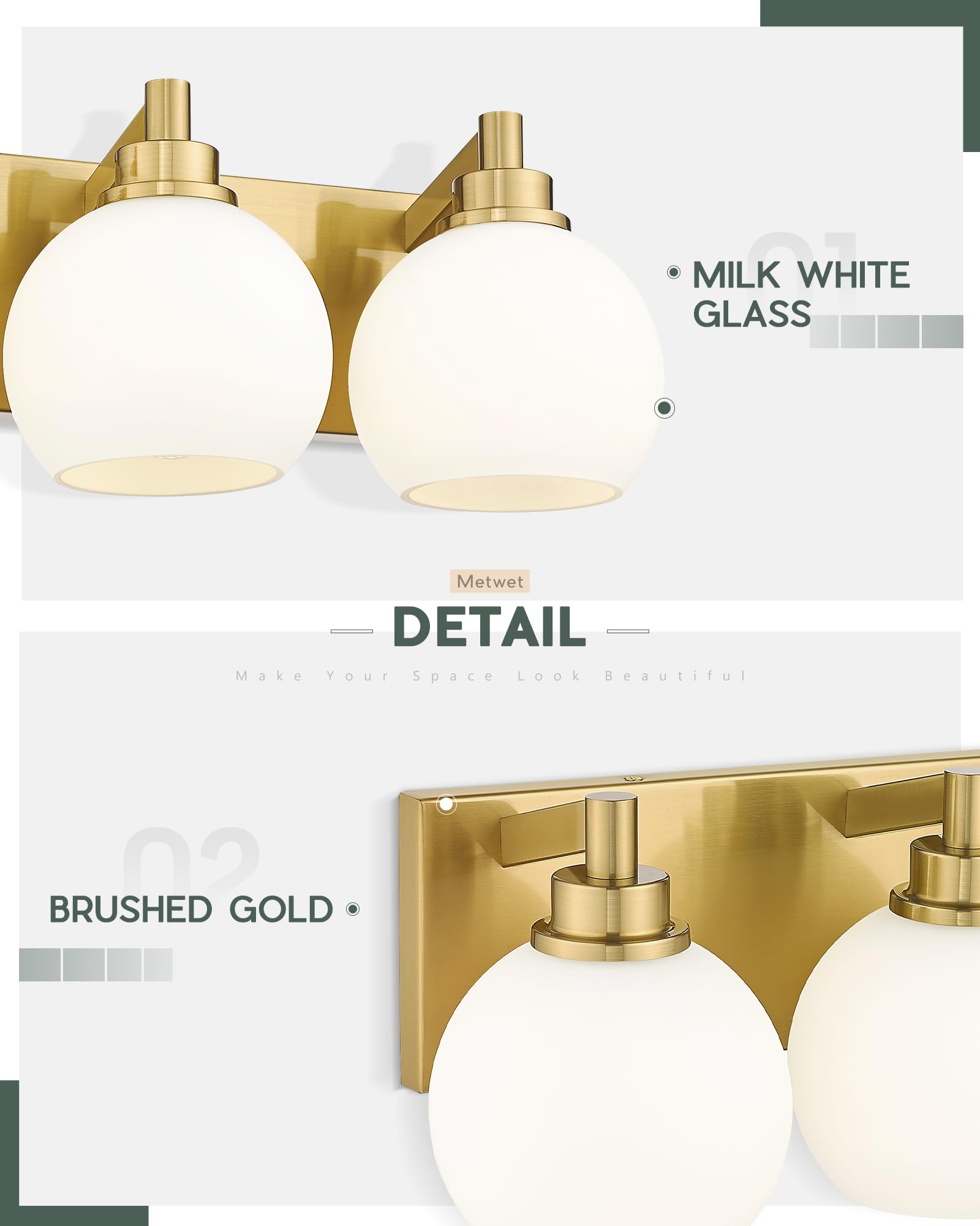 METWET 4-Light Brushed Gold Bathroom Vanity Light with Globe Milk Glass Shade, 26 Inch Modern Wall Sconce, Model VL195-BG-ML-4