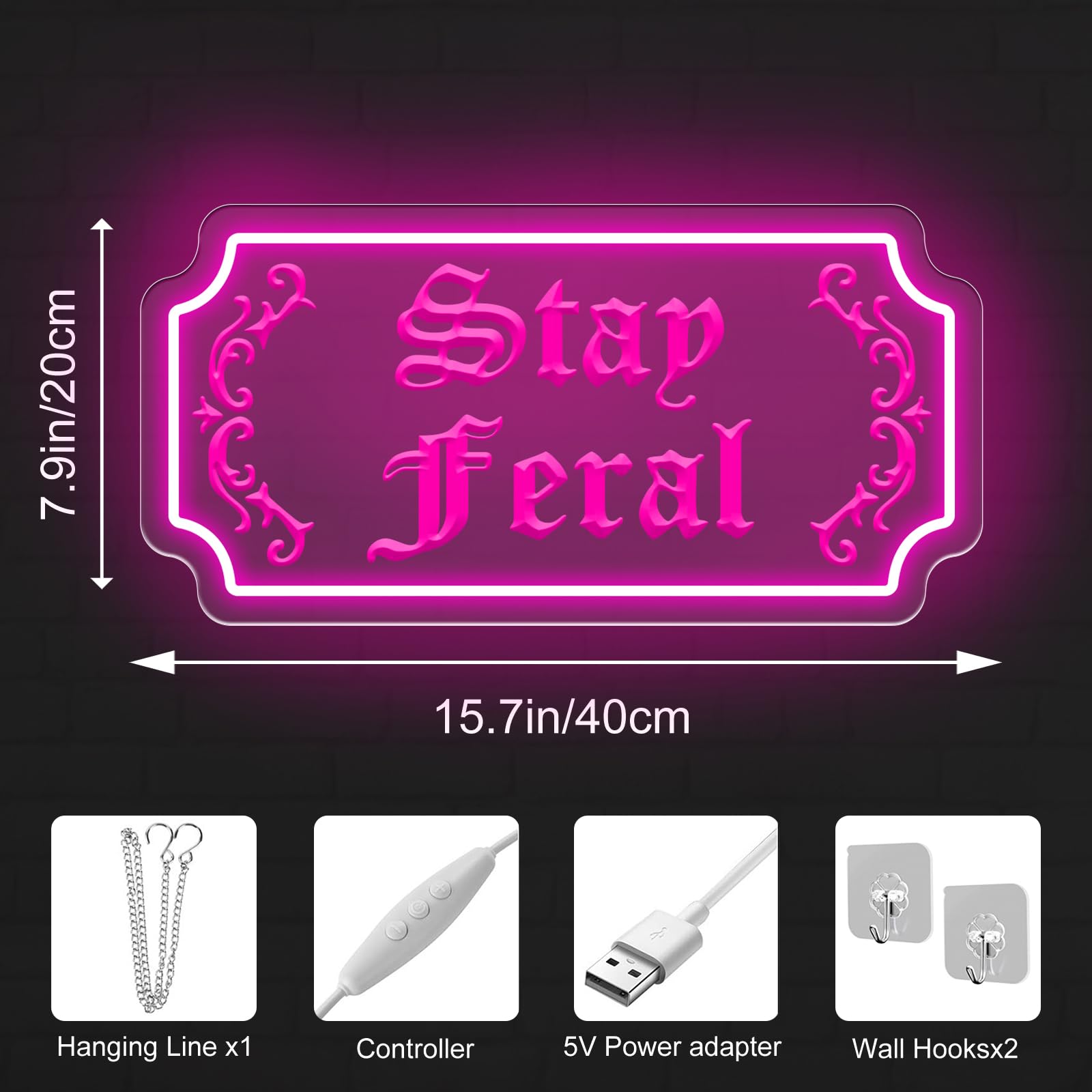 Stay Feral Neon Sign Gothic Decor Led Light Goth Lover Gift Halloween Decoration Bat Neon Sign Decor Ghost Spooky Wall Art  15.7X7.9  Pink