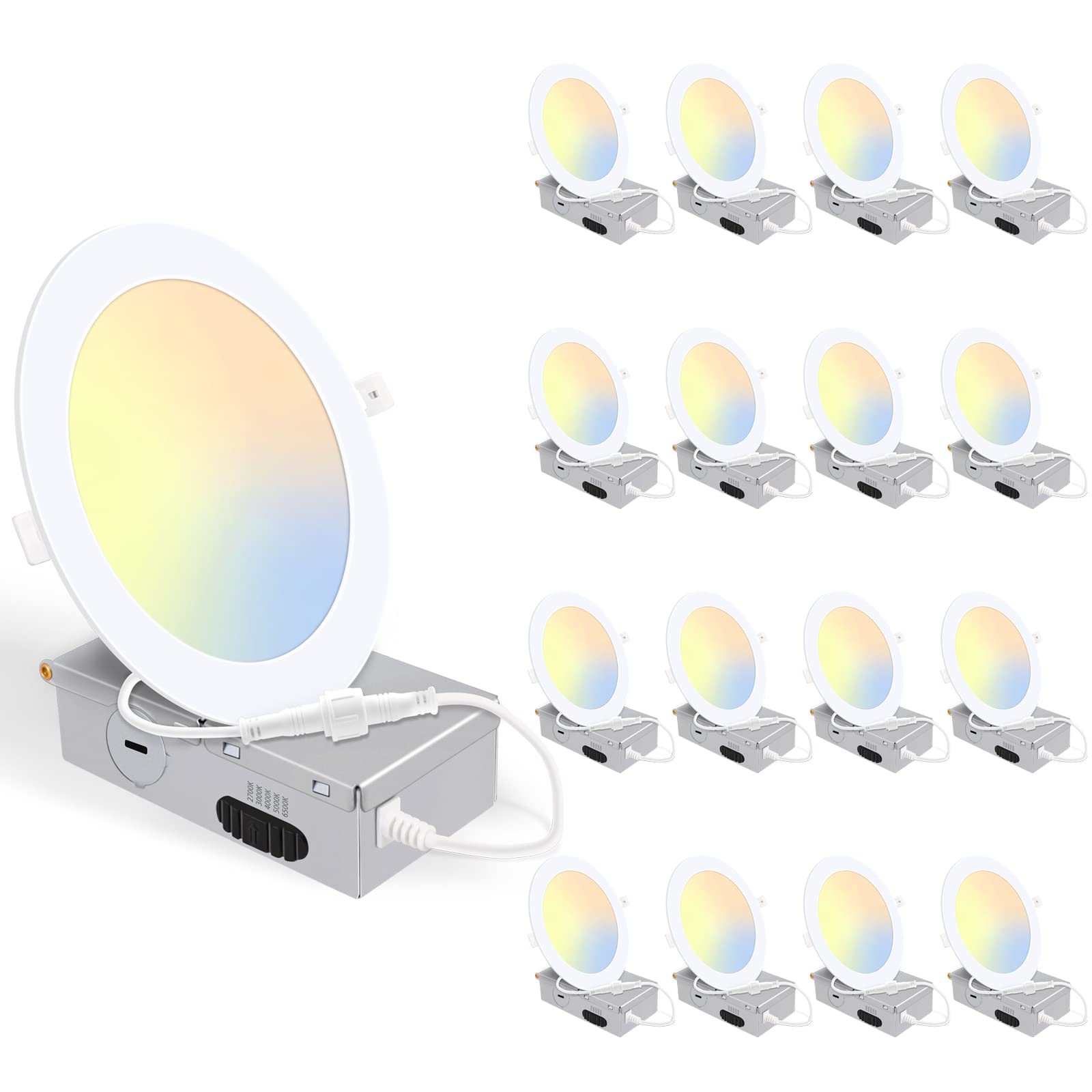 16 Pack 5Cct Ultra-Thin Led Recessed Lighting 6 Inch, Downlight With Junction Box, 2700K/3000K/4000K/5000K/6500K Selectable, 12W 110W Eqv, Dimmable Wafer Lights, 1050Lm Canless Led Recessed Light, Etl