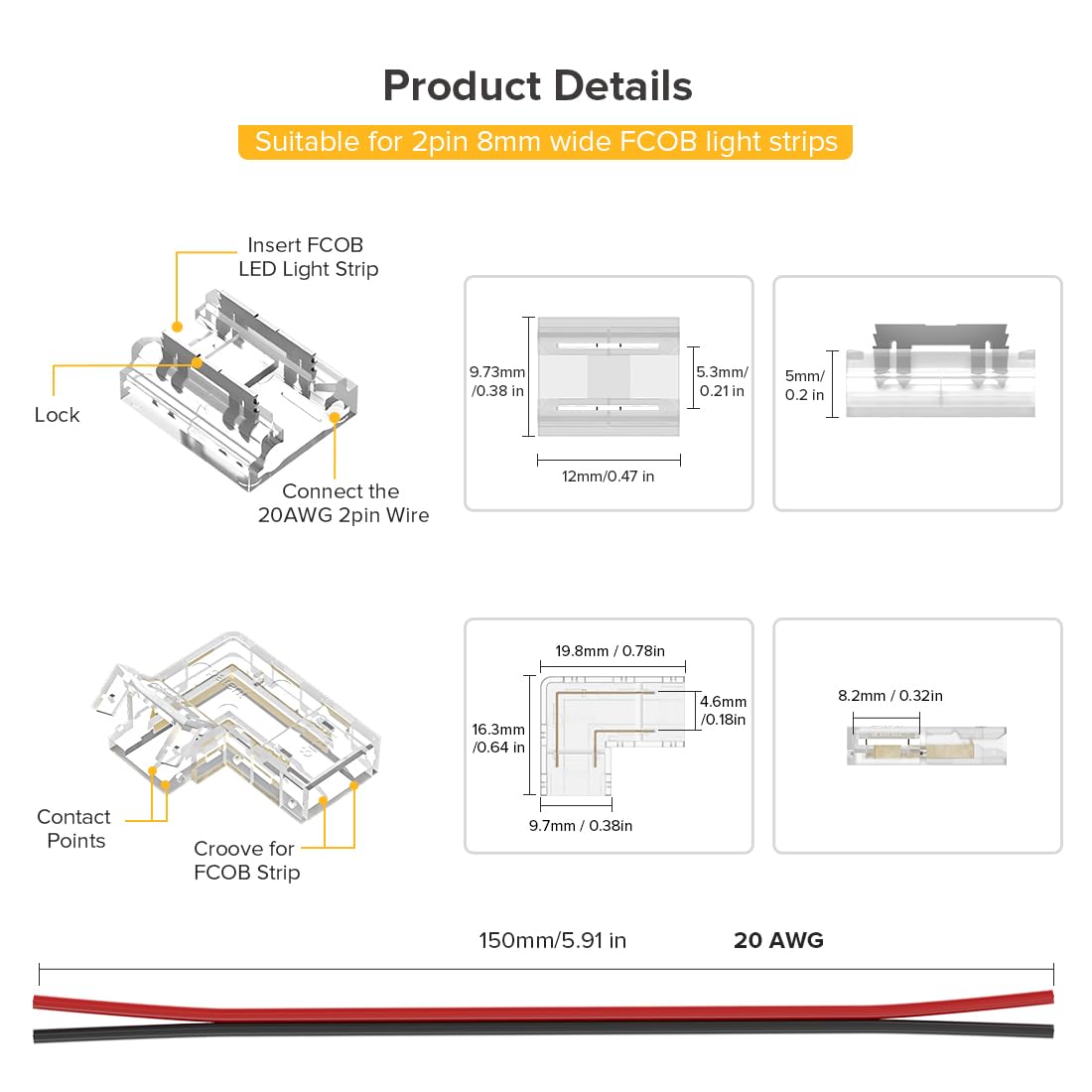 Fcob Cob 2Pin 8Mm Connector Kit 12Pcs Transparent Connector 4Pcs L-Shaped Connector 4Pcs 15Cm 20Awg Extension Wires For Non-Wire
